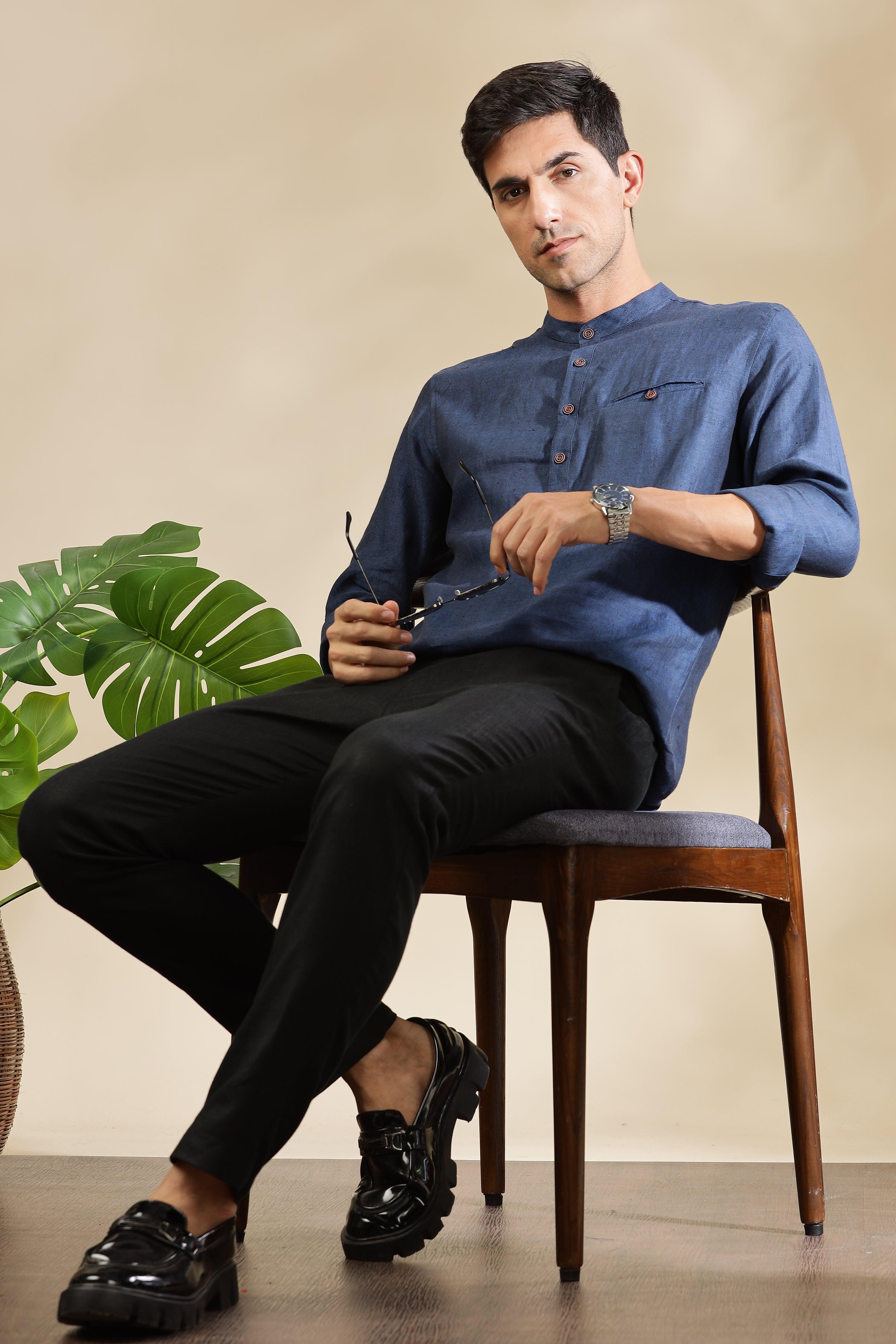 NILE Long Sleeves - 100% Pure Linen Half Placket Dark Blue Chambray Shirt