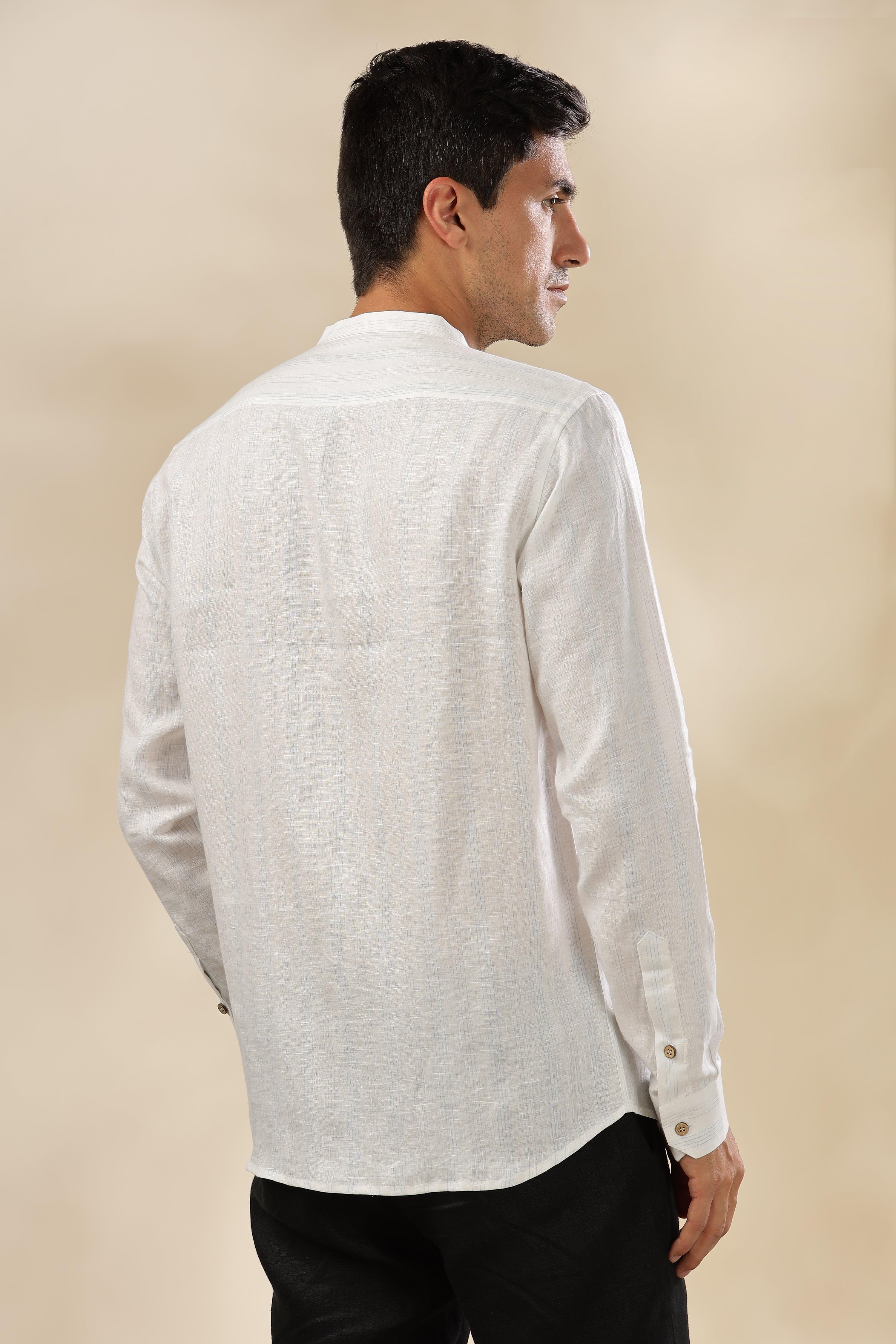 HAN - Pure Linen Mandarin Collar Blue & Grey Stripes Shirt