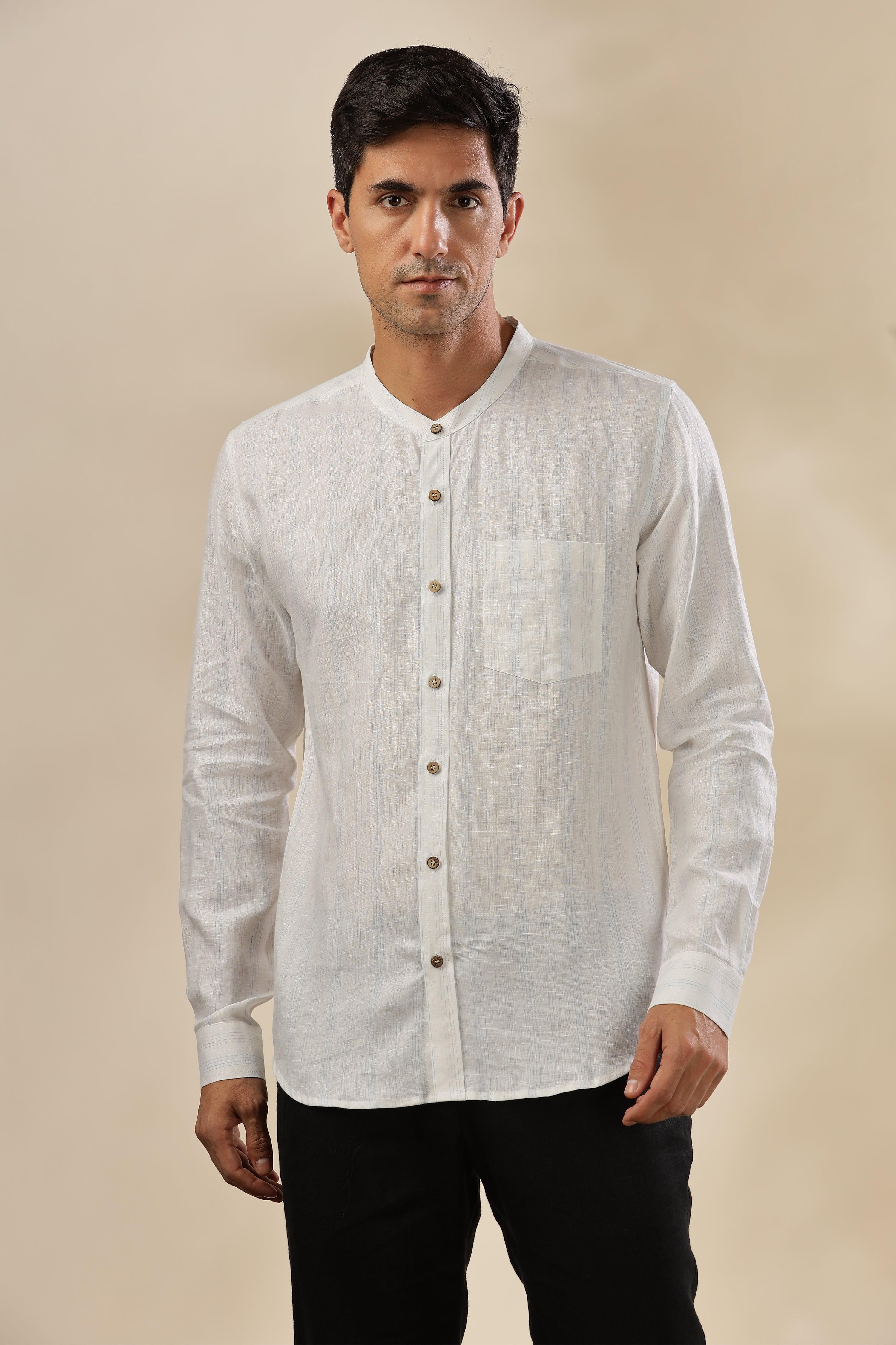 HAN - Pure Linen Mandarin Collar Blue & Grey Stripes Shirt