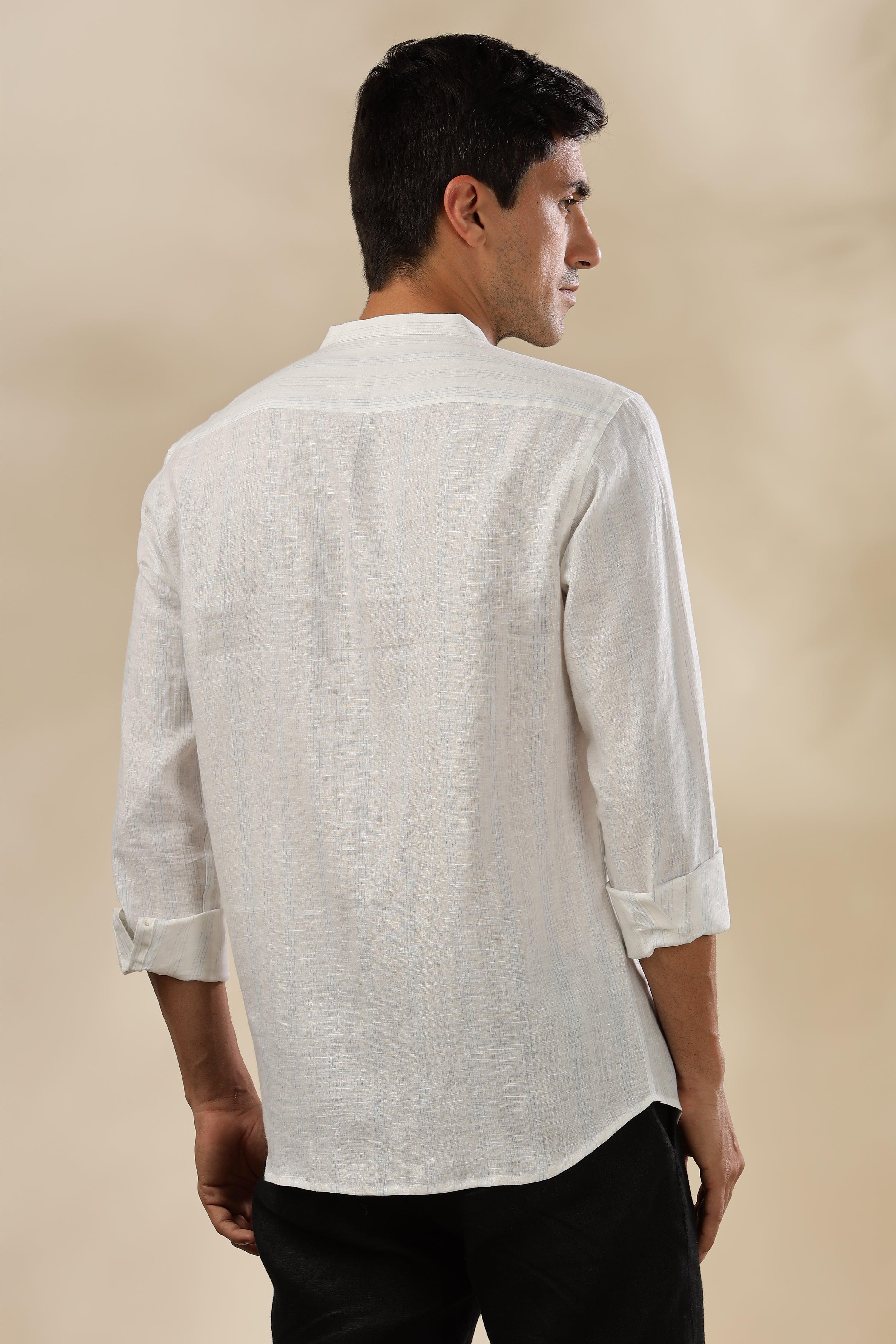 HAN - Pure Linen Mandarin Collar Blue & Grey Stripes Shirt