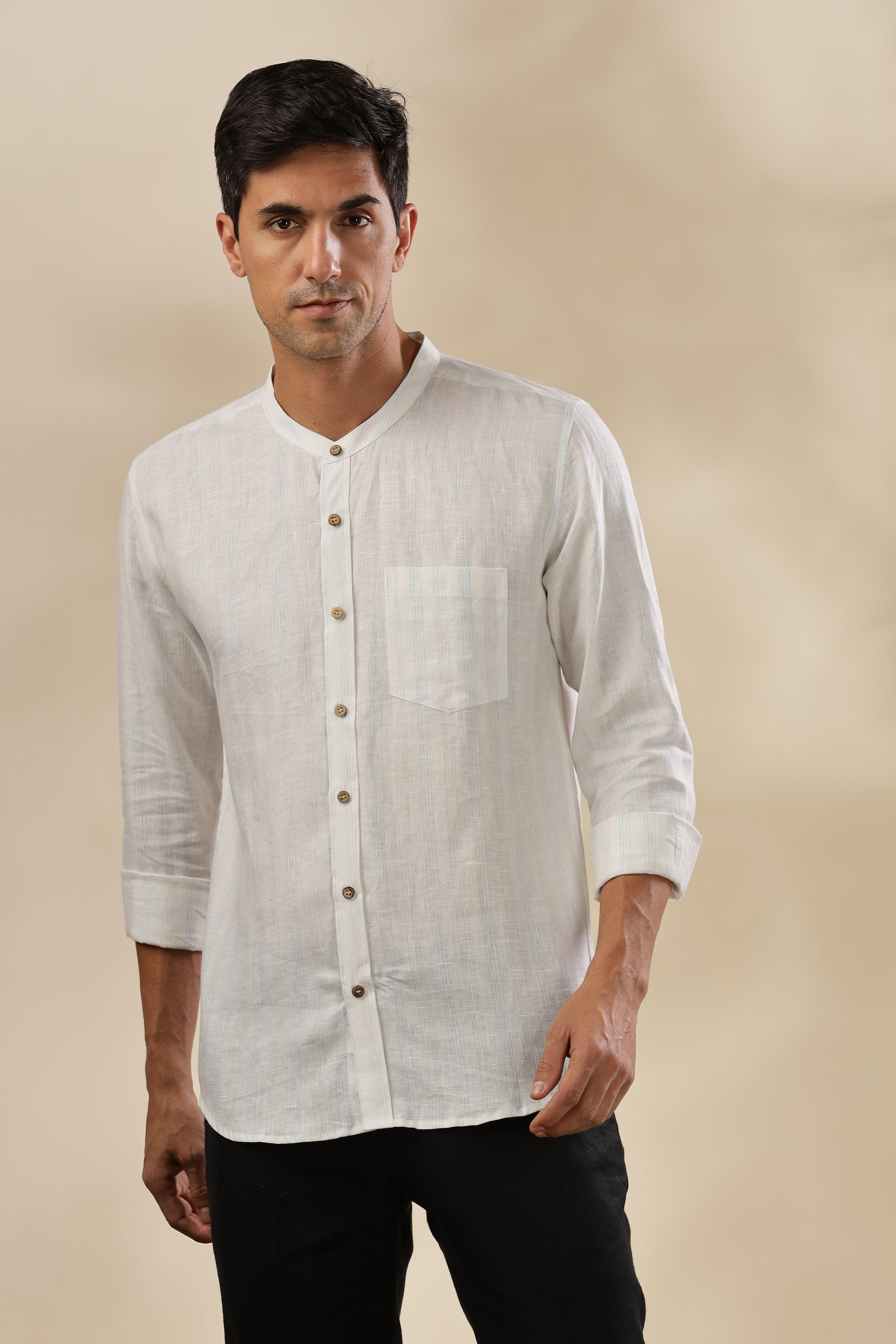 HAN - Pure Linen Mandarin Collar Blue & Grey Stripes Shirt