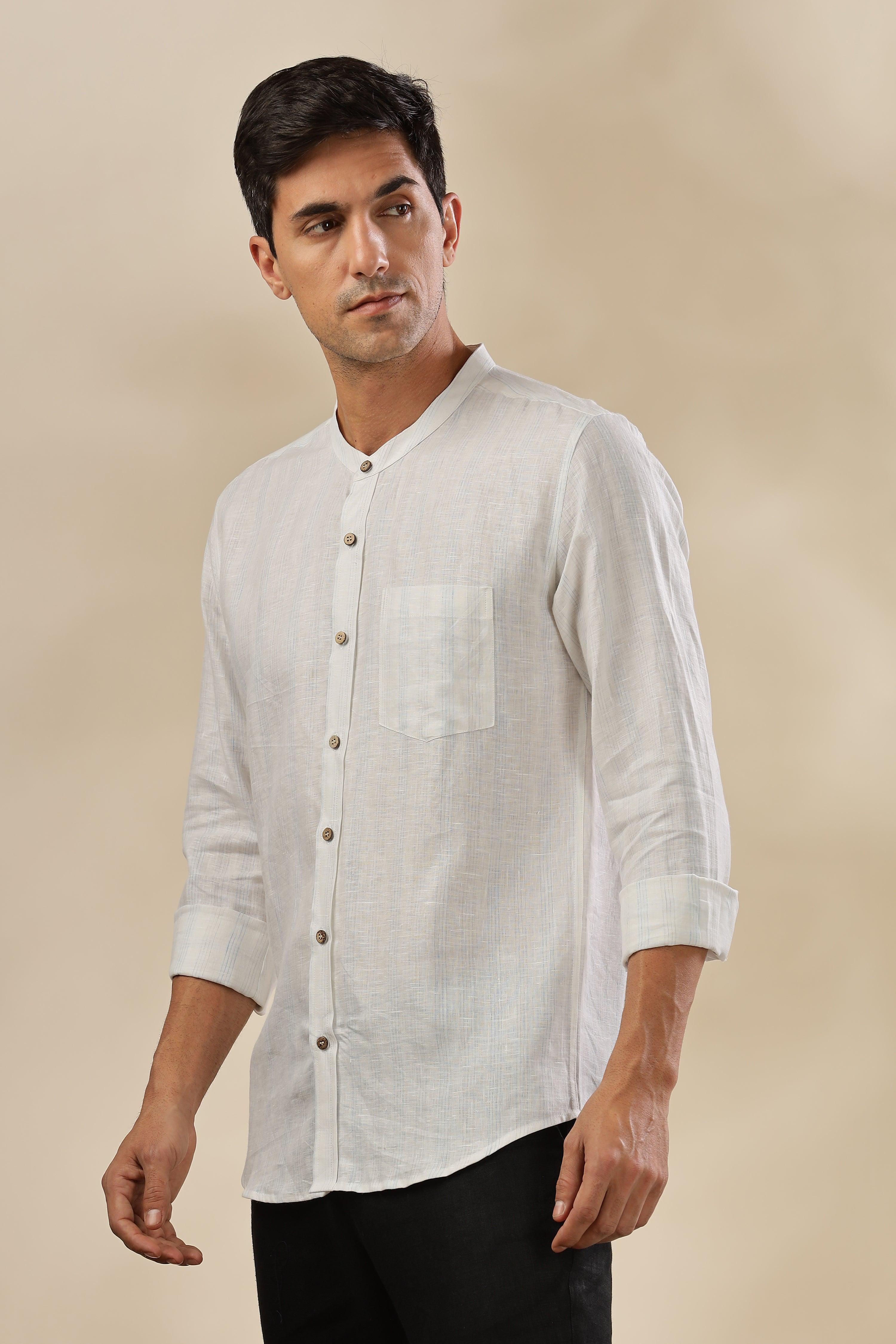 HAN - Pure Linen Mandarin Collar Blue & Grey Stripes Shirt