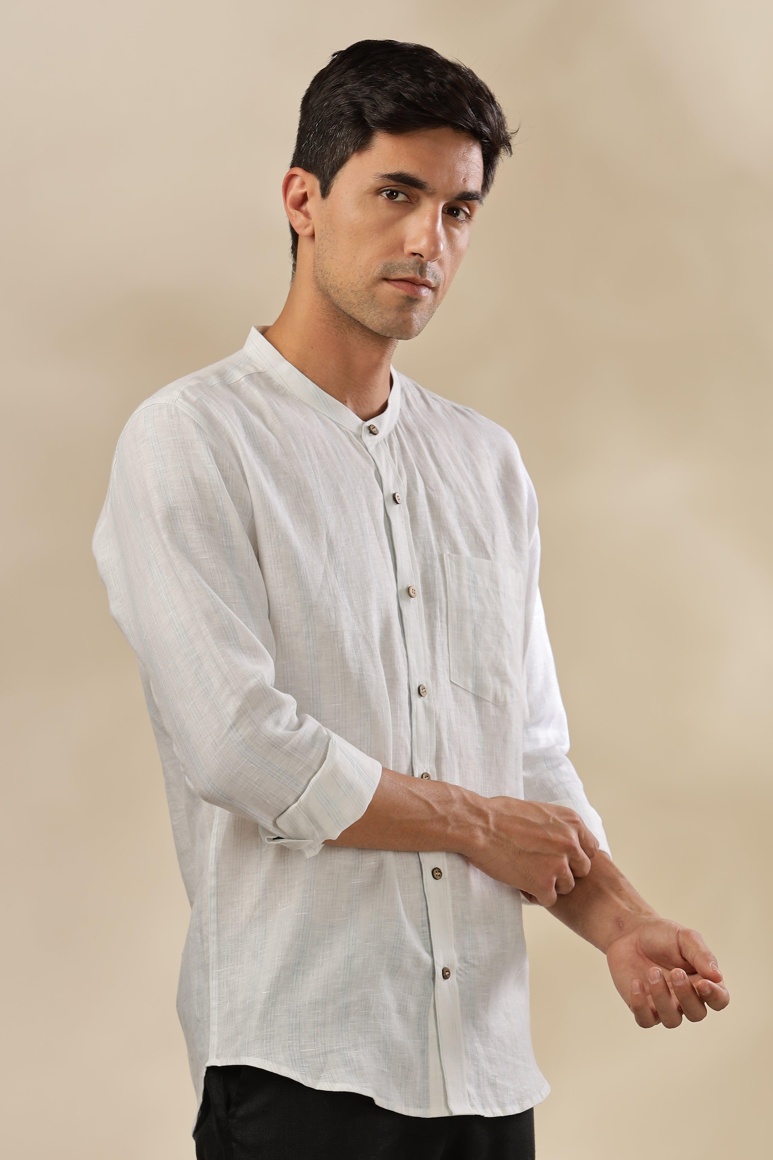 HAN - Pure Linen Mandarin Collar Blue & Grey Stripes Shirt