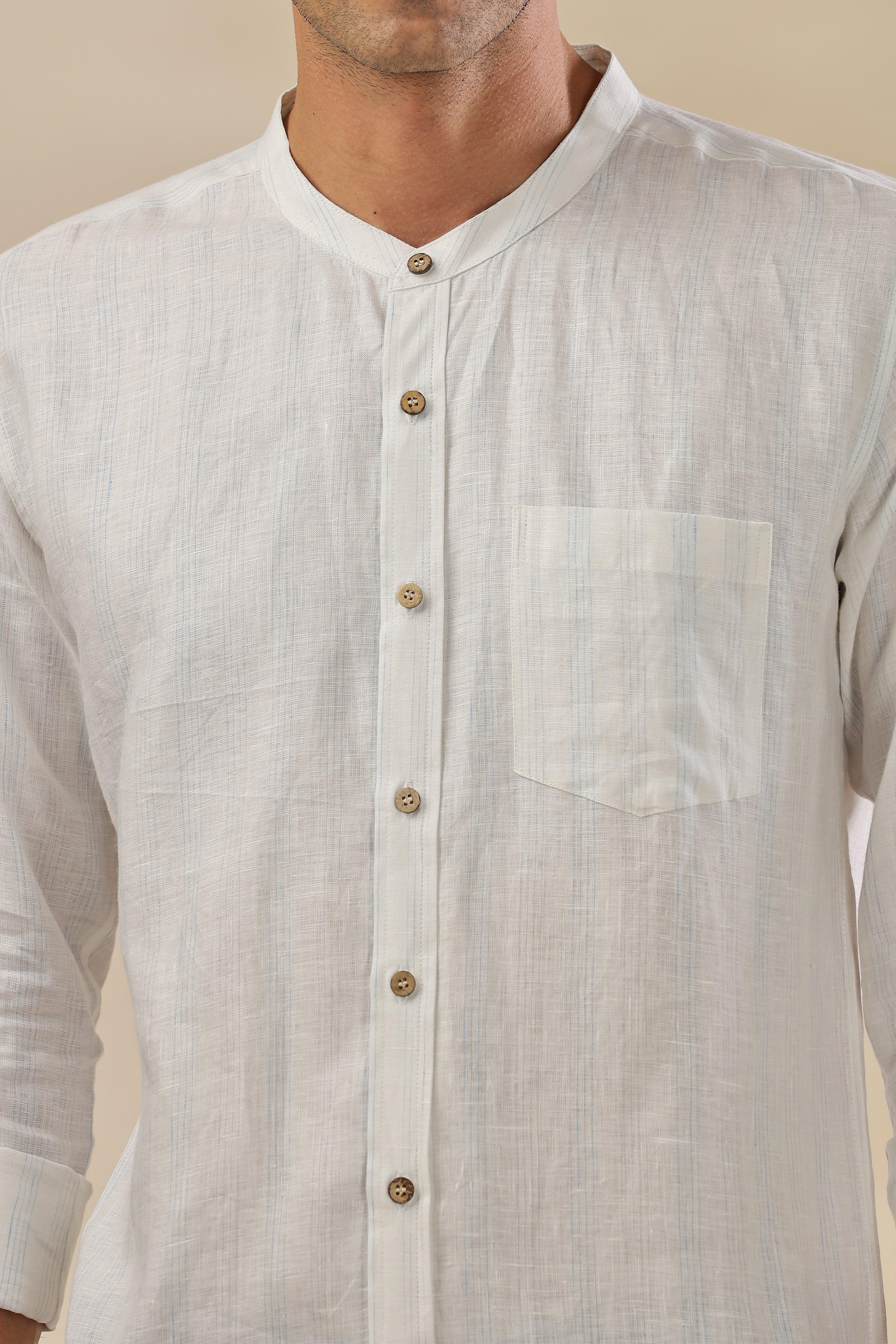 HAN - Pure Linen Mandarin Collar Blue & Grey Stripes Shirt