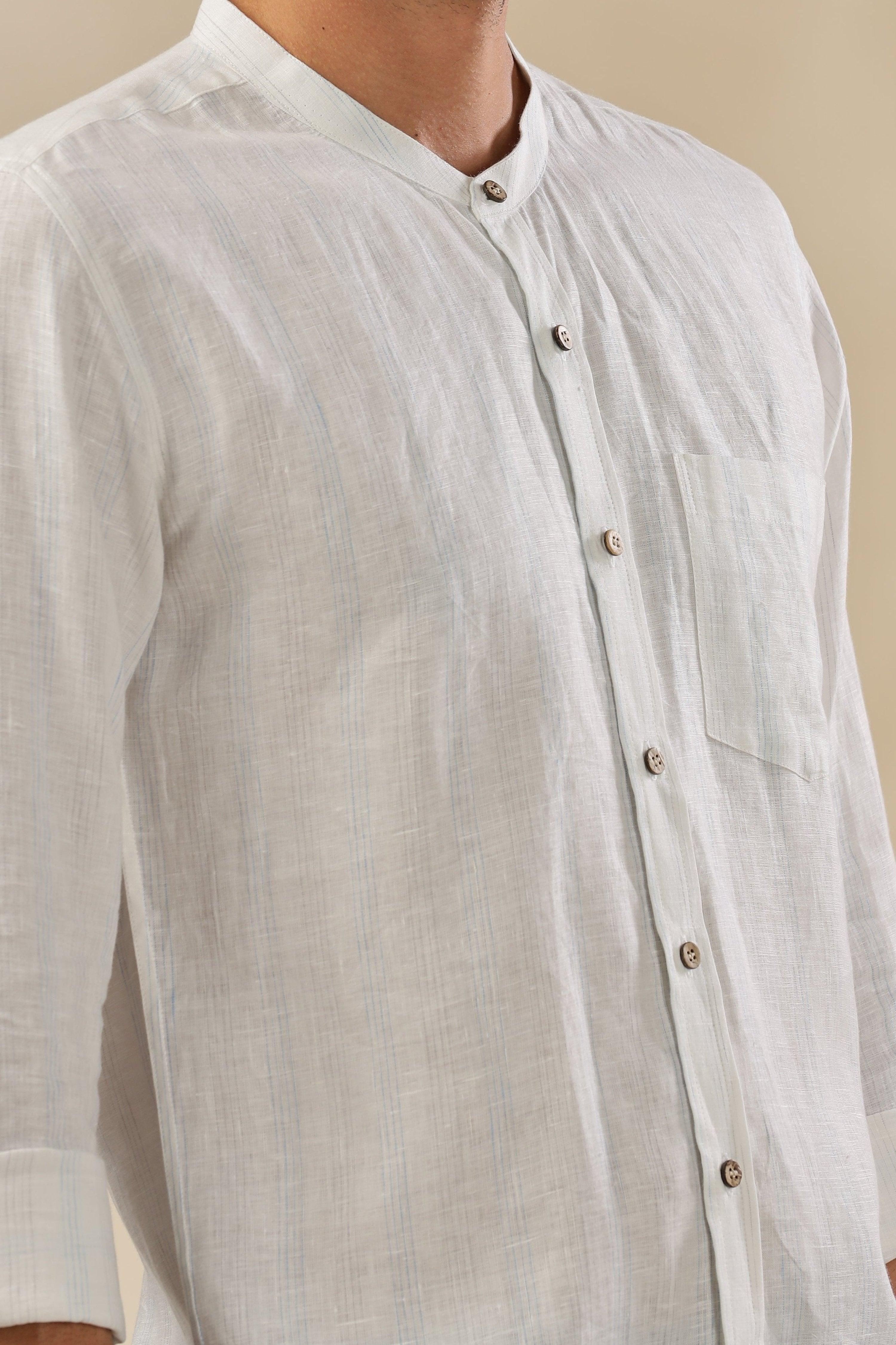 HAN - Pure Linen Mandarin Collar Blue & Grey Stripes Shirt