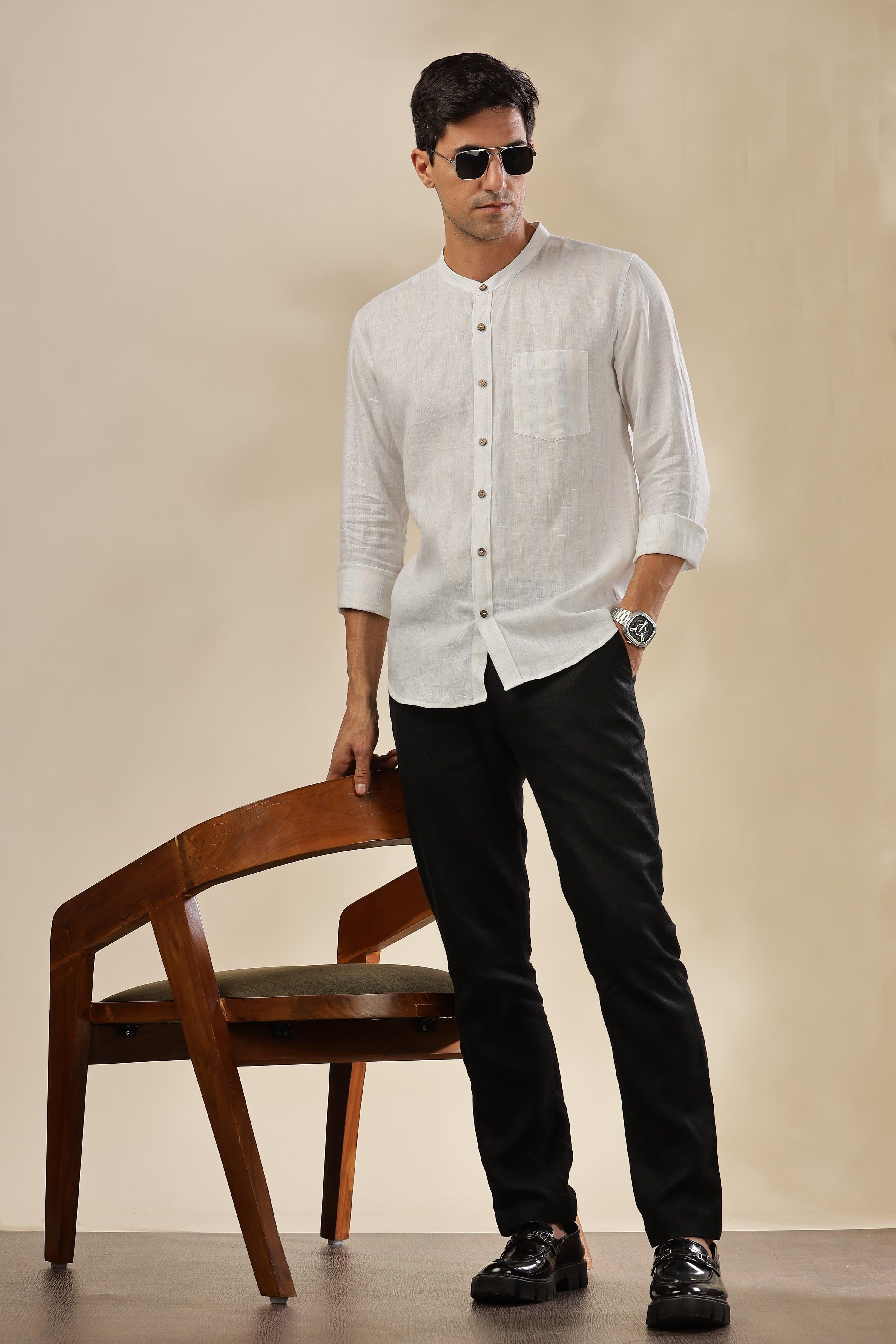 HAN - Pure Linen Mandarin Collar Blue & Grey Stripes Shirt