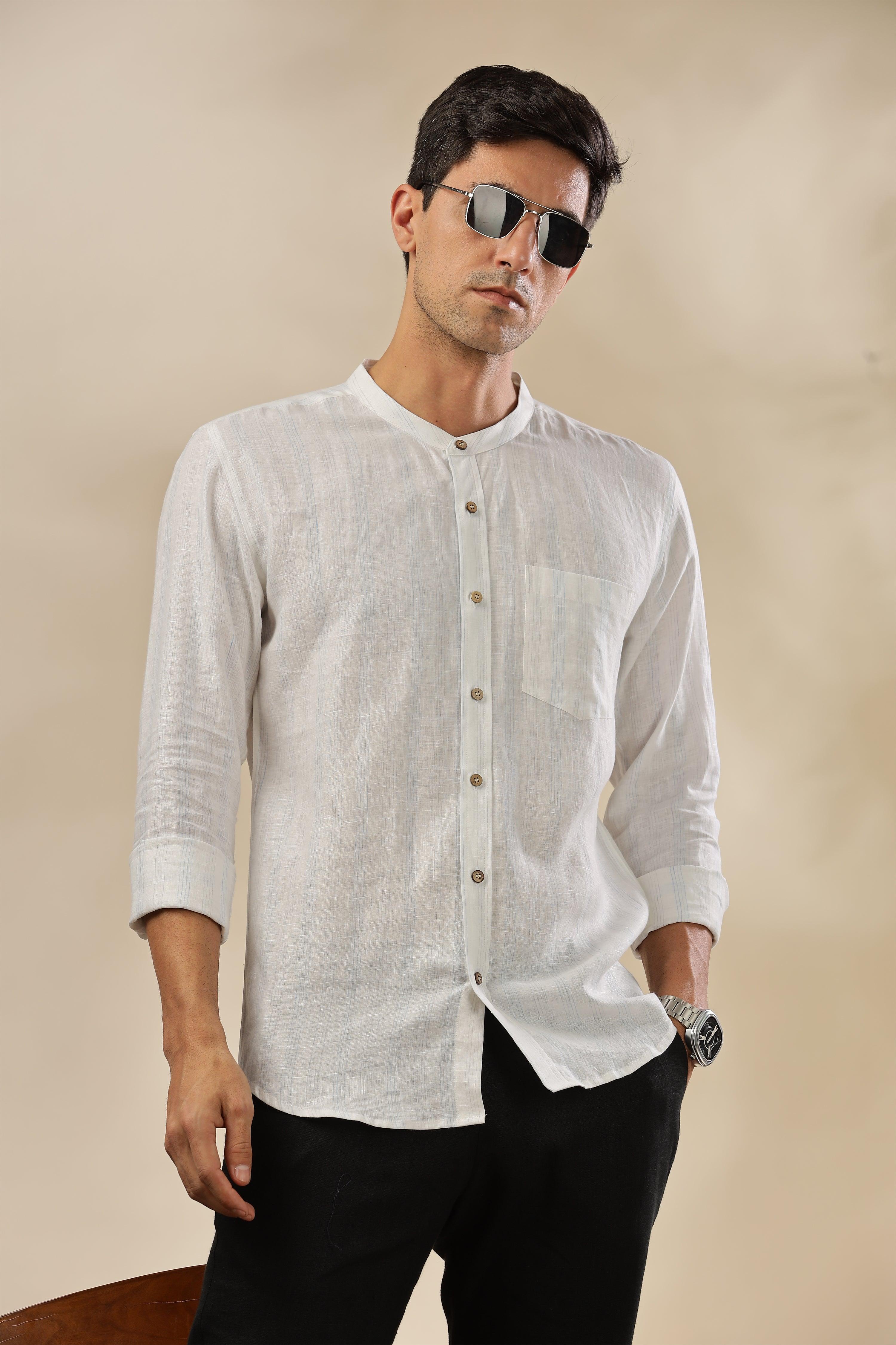 HAN - Pure Linen Mandarin Collar Blue & Grey Stripes Shirt
