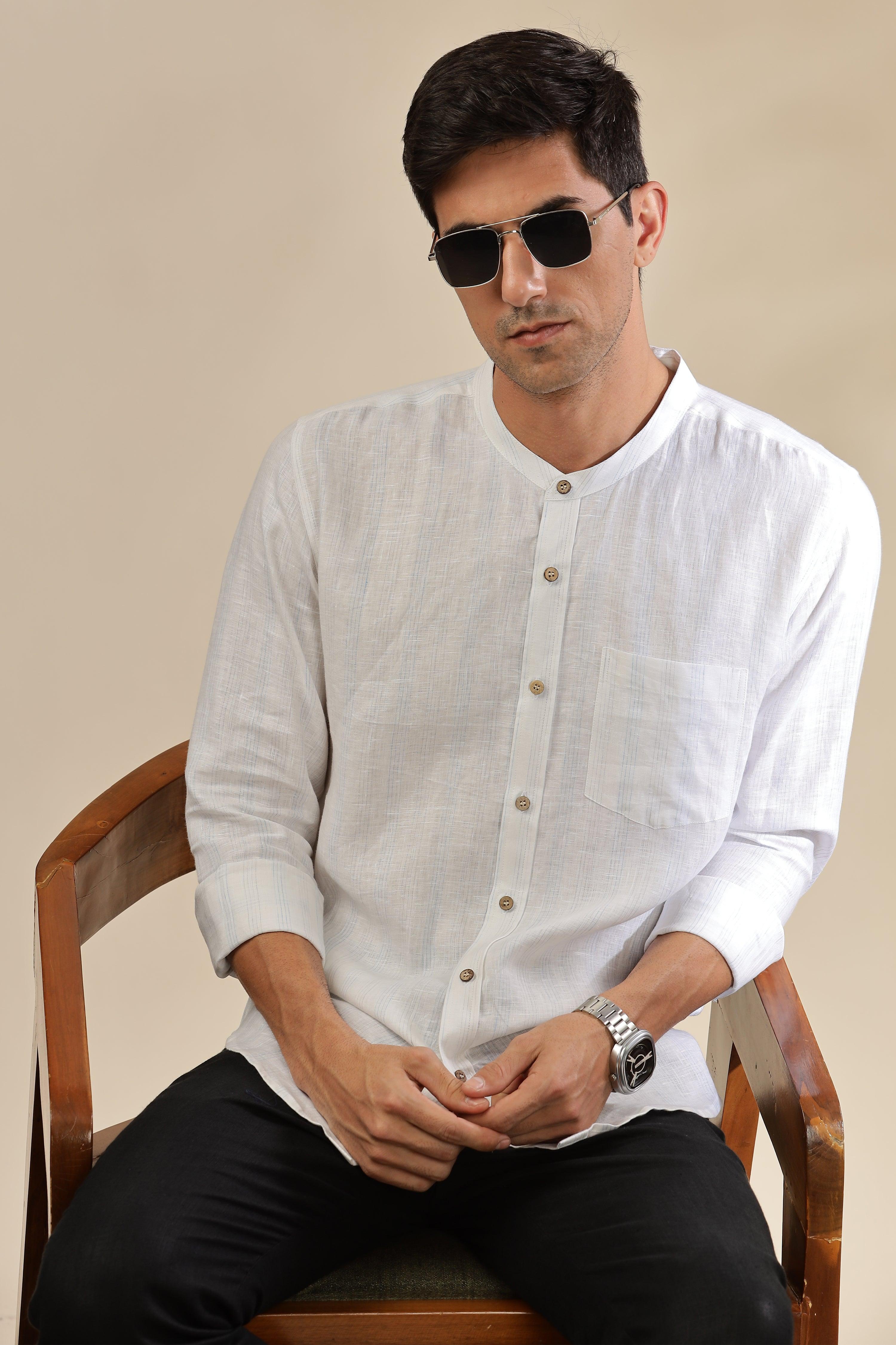 HAN - Pure Linen Mandarin Collar Blue & Grey Stripes Shirt