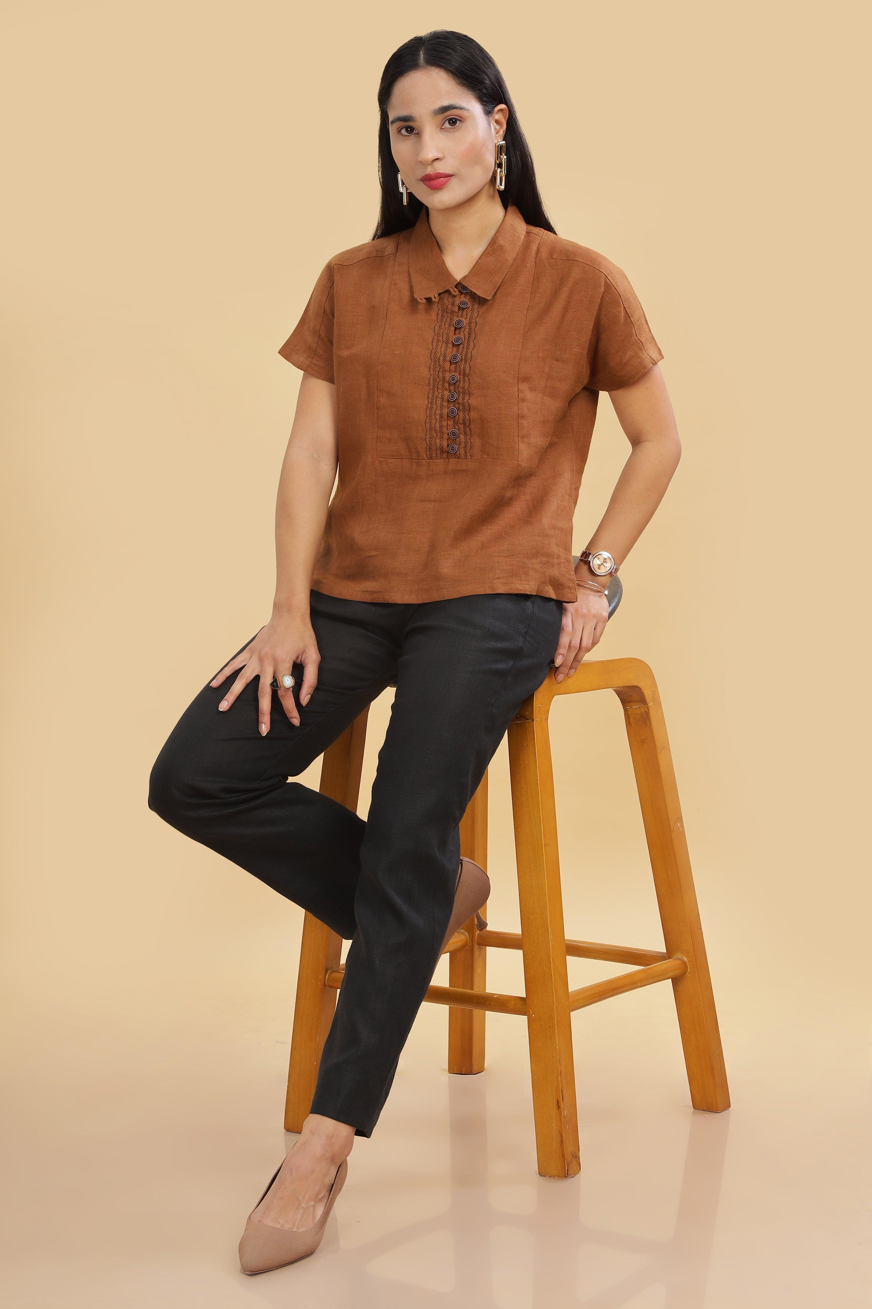 MIA - Pure Linen Embroidery Coffee Brown Top