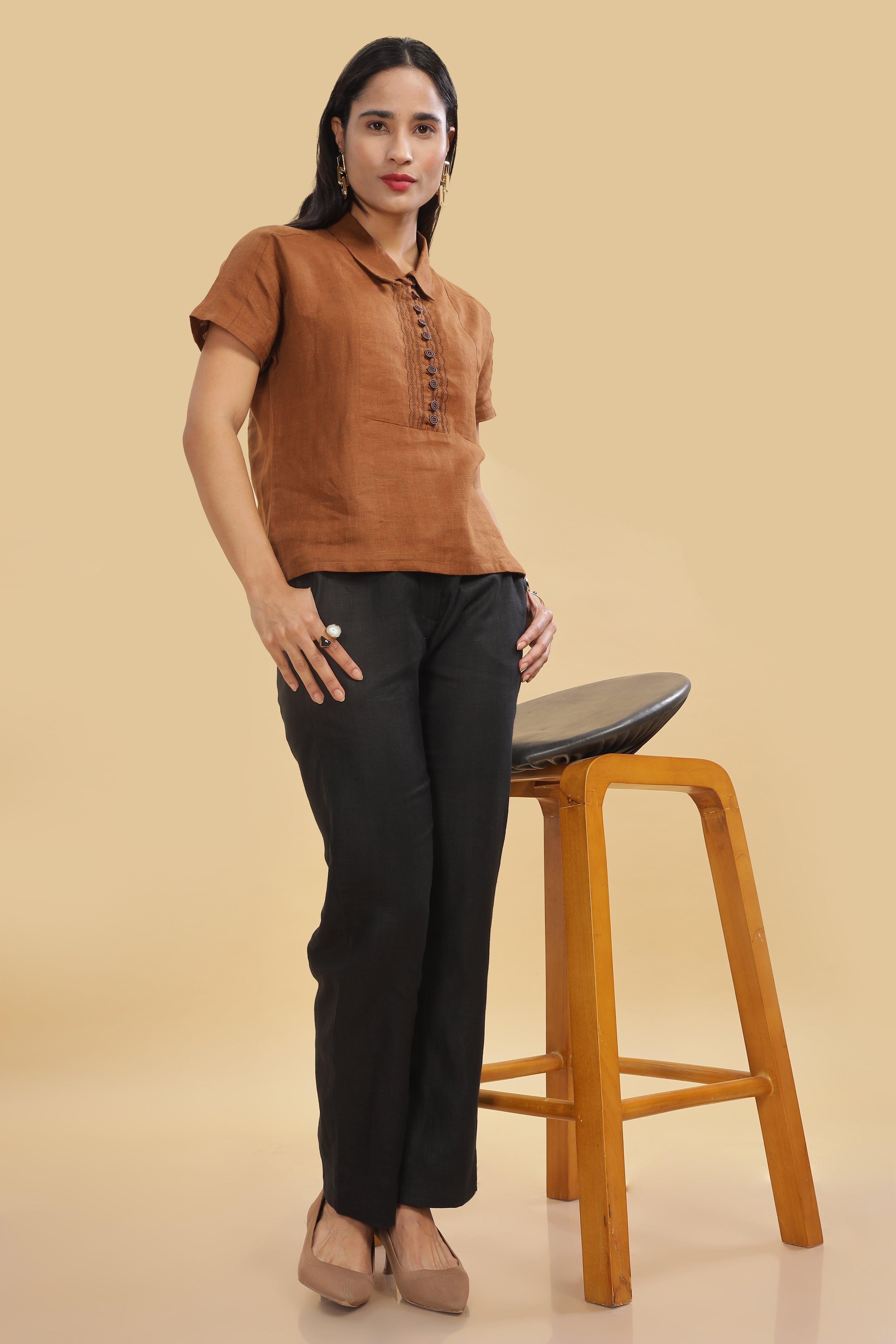 MIA - Pure Linen Embroidery Coffee Brown Top