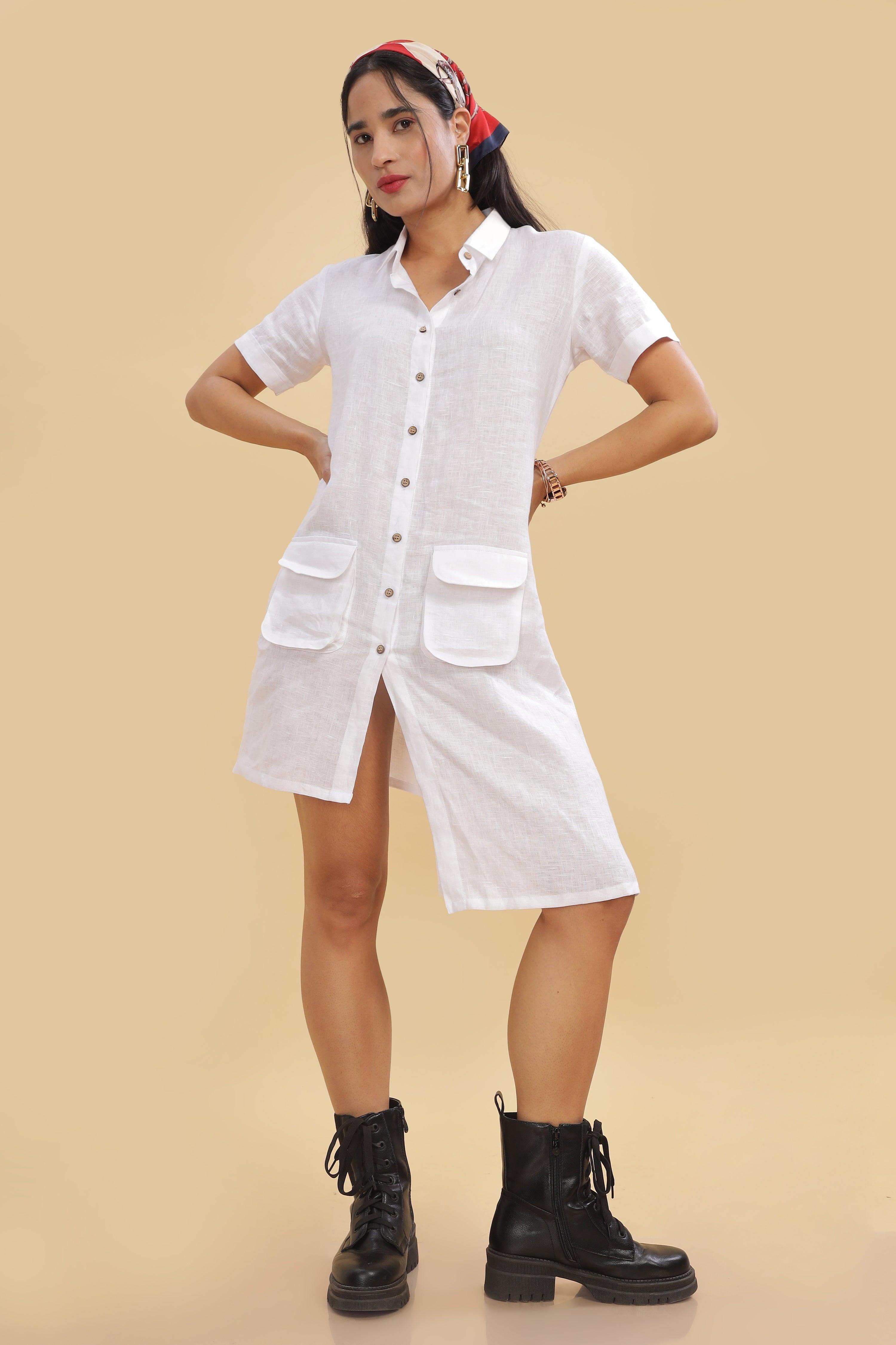 LIA- 100% Pure French Linen White Dress