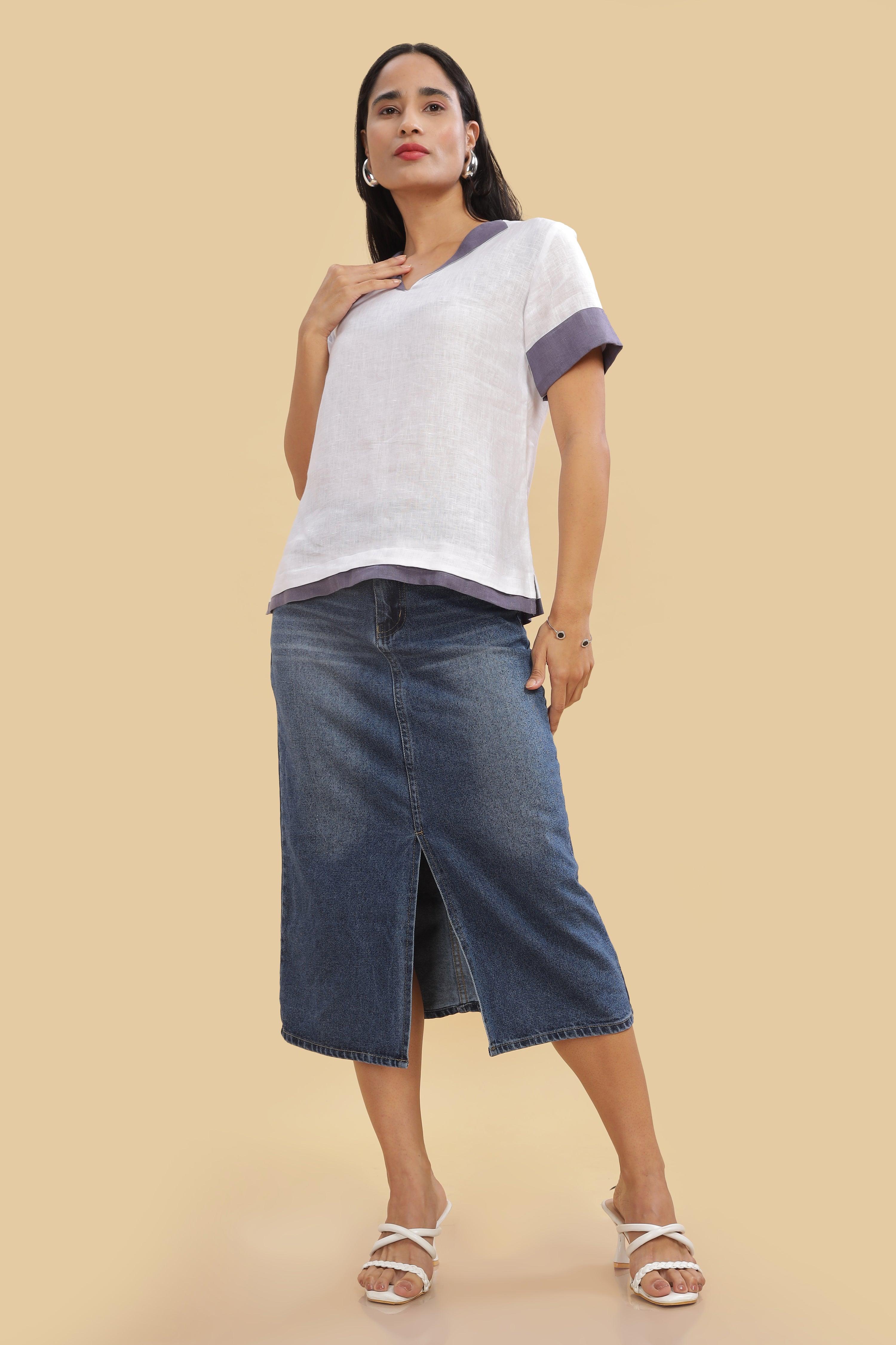 ANGELA - Pure French Linen Color Block White Top