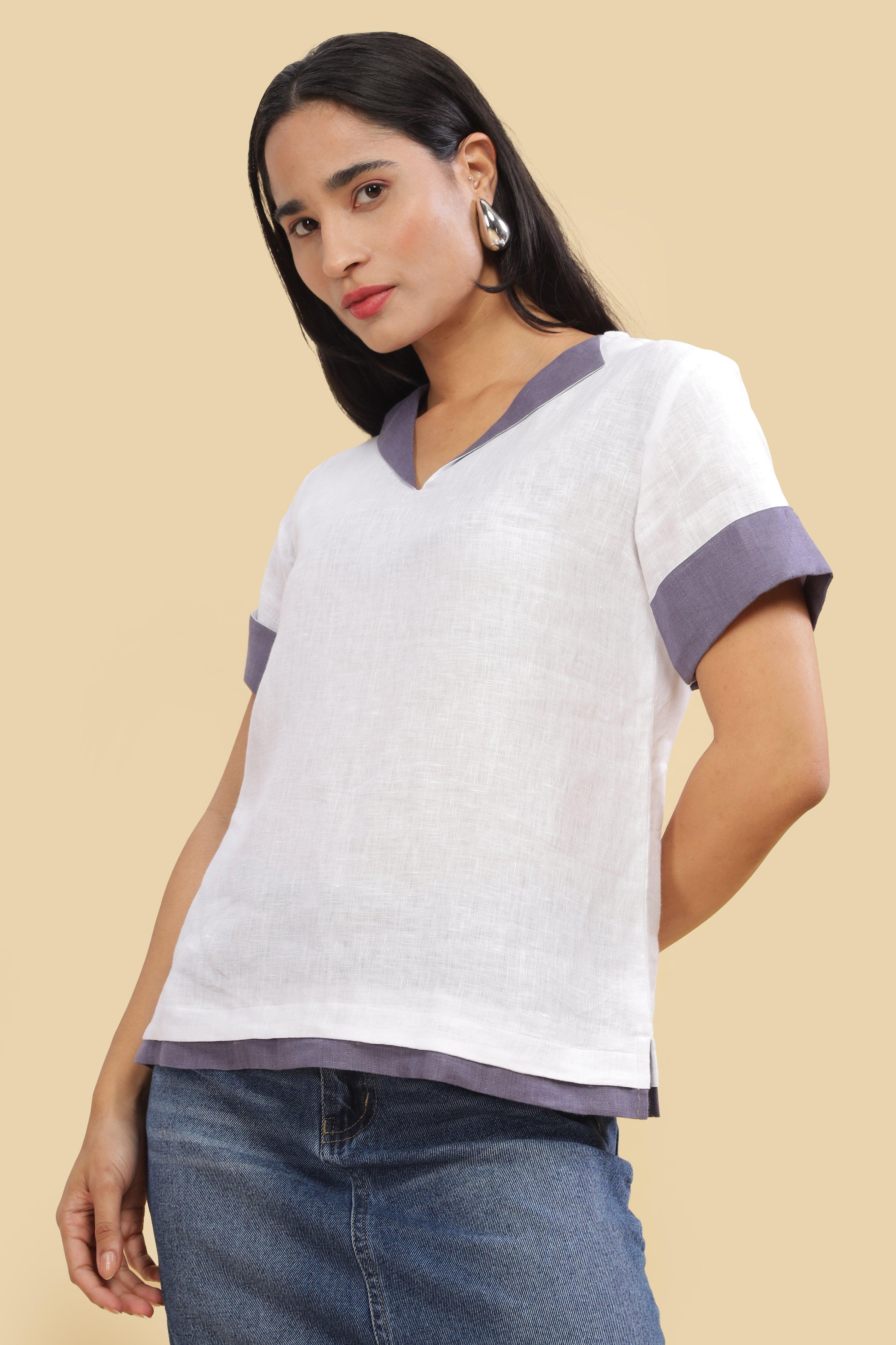 ANGELA - Pure French Linen Color Block White Top
