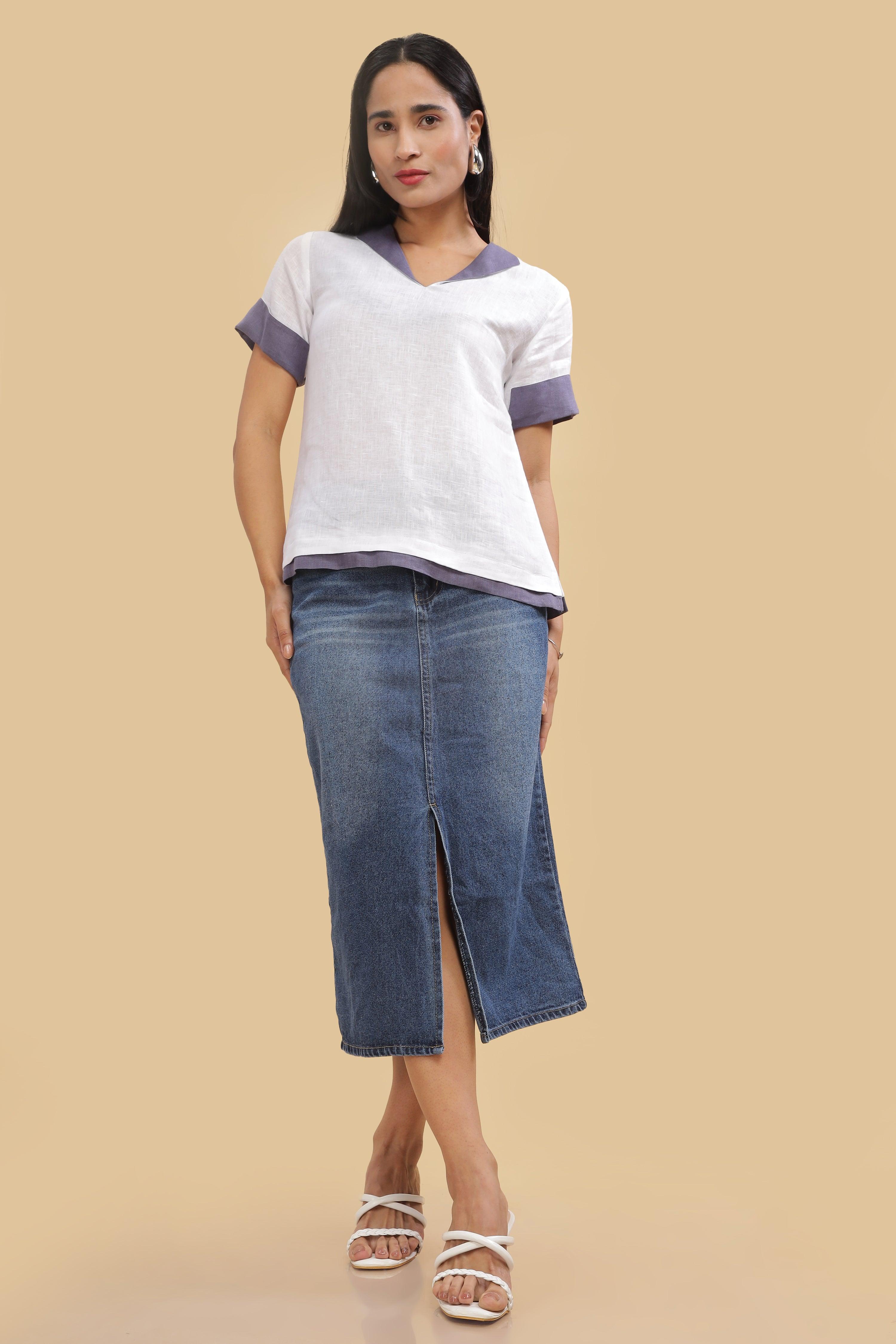 ANGELA - Pure French Linen Color Block White Top