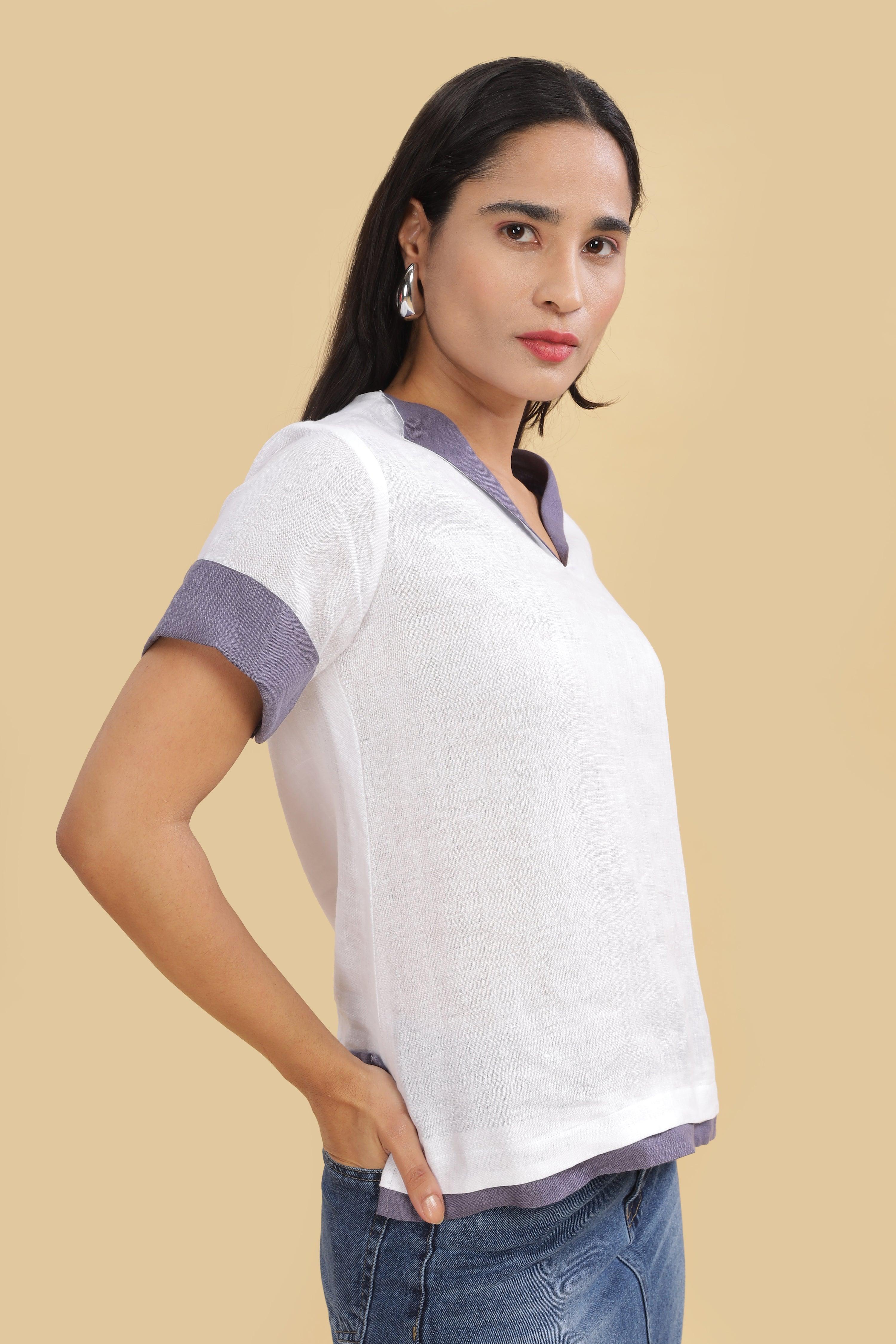 ANGELA - Pure French Linen Color Block White Top