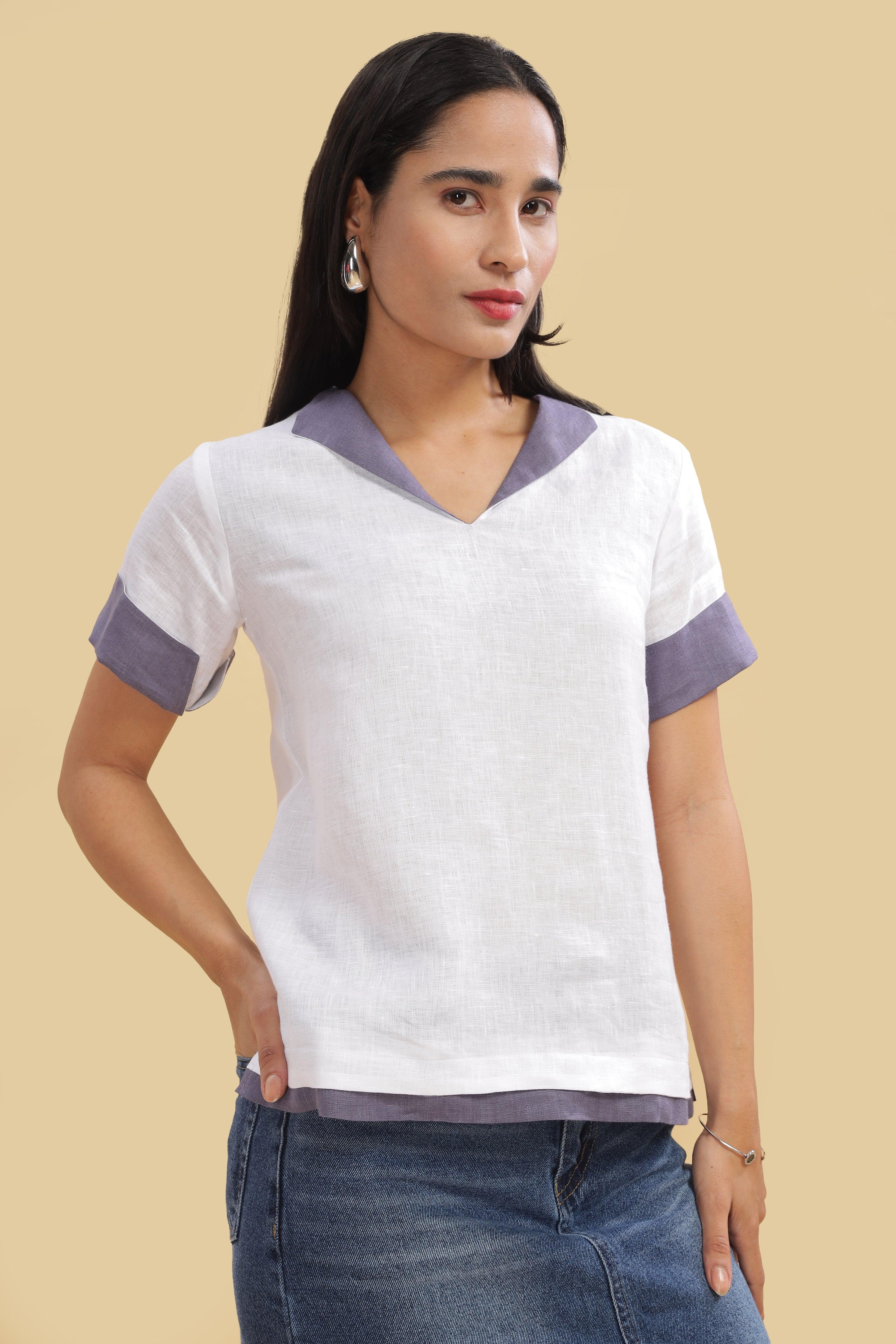 ANGELA - Pure French Linen Color Block White Top
