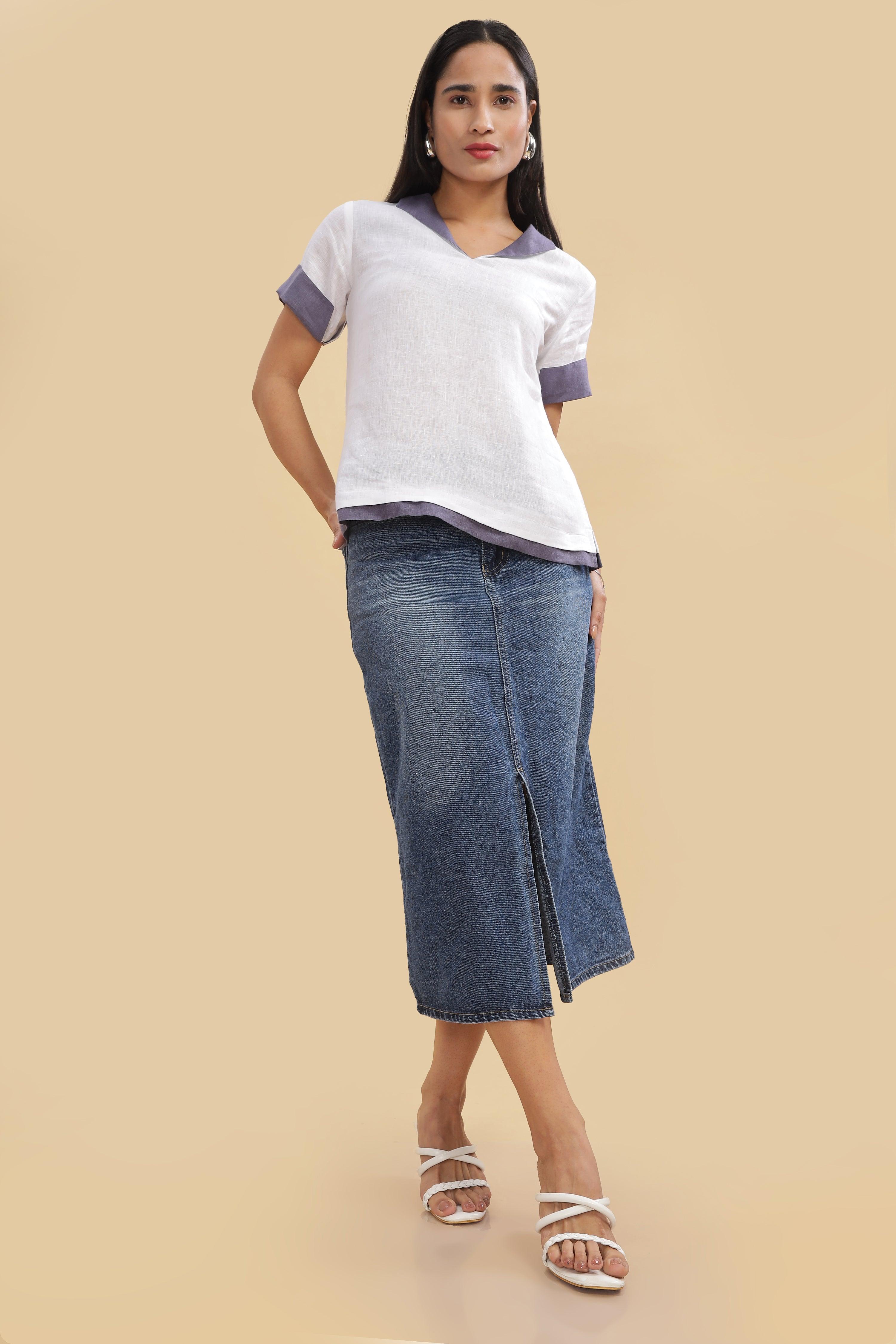 ANGELA - Pure French Linen Color Block White Top