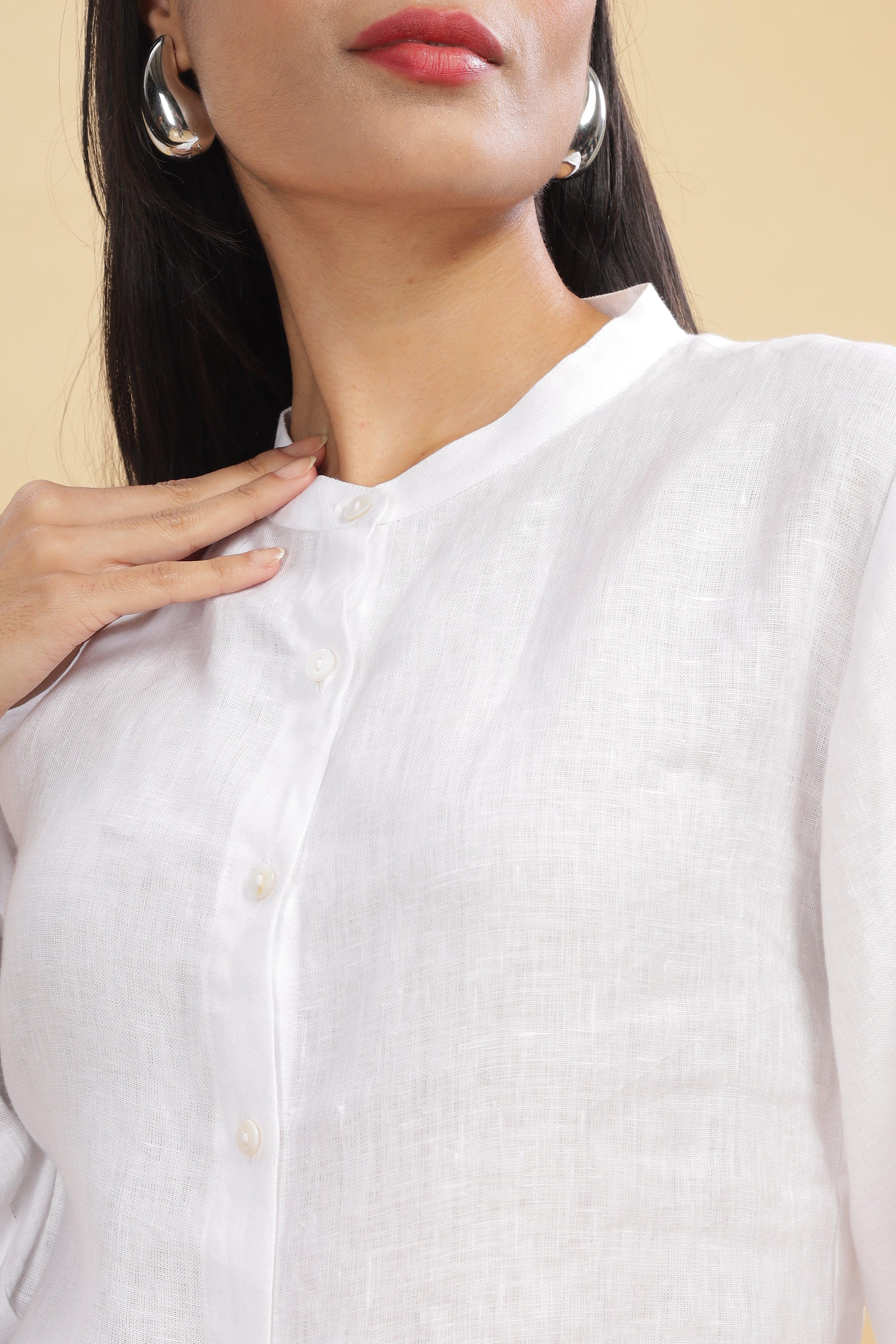 ESME- 100% Pure Linen Mandarin Collar White Shirt