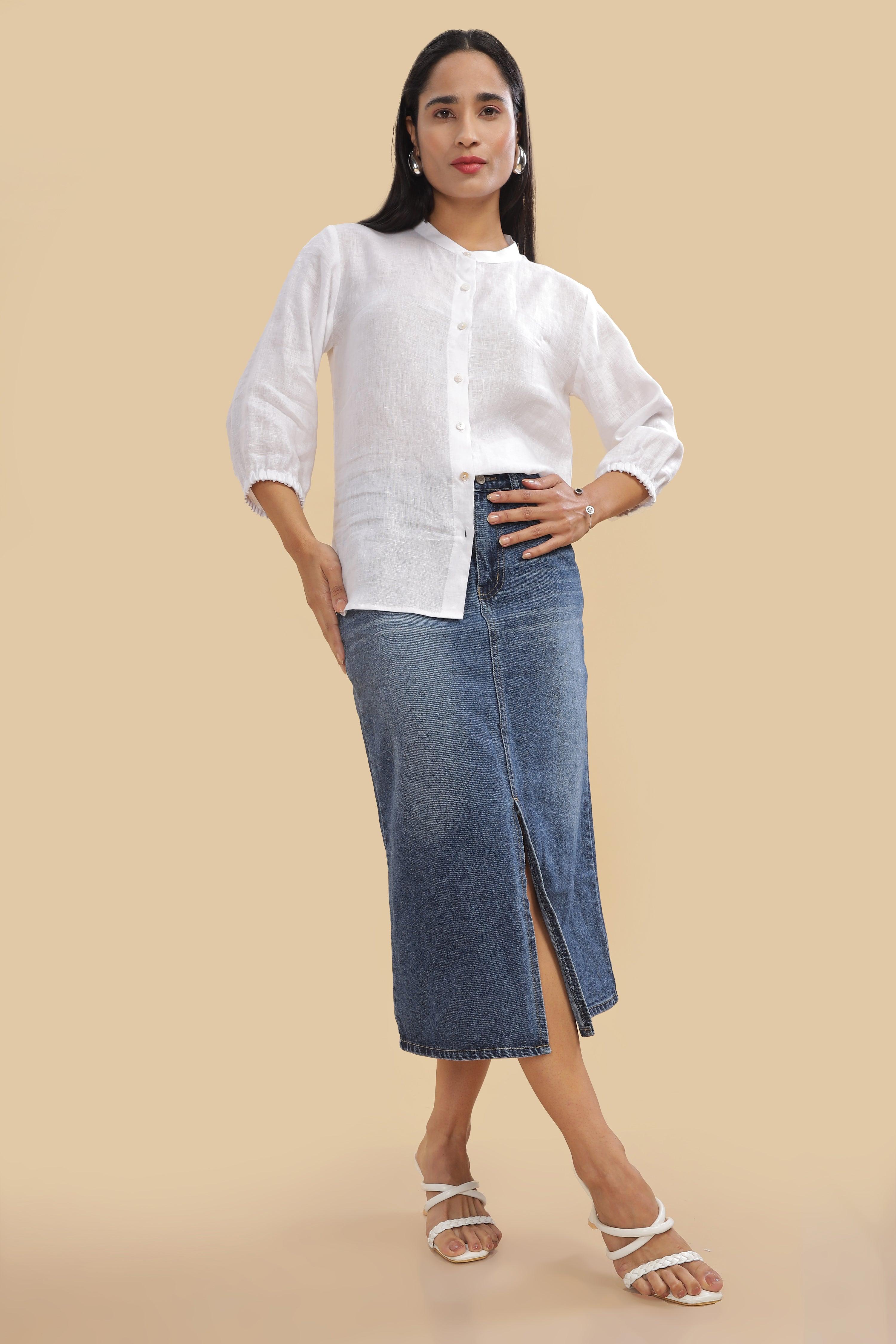 ESME- 100% Pure Linen Mandarin Collar White Shirt