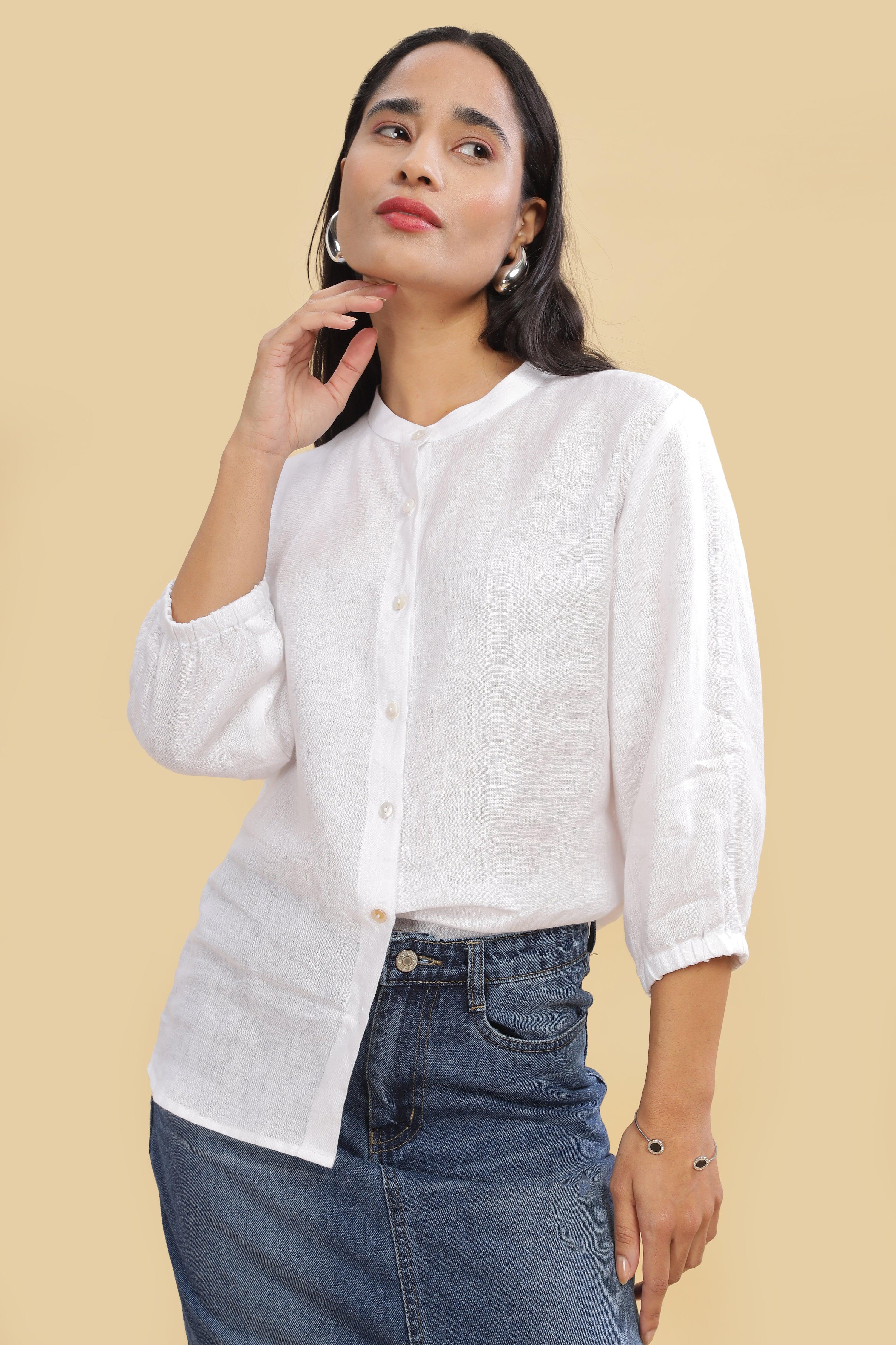 ESME- 100% Pure Linen Mandarin Collar White Shirt