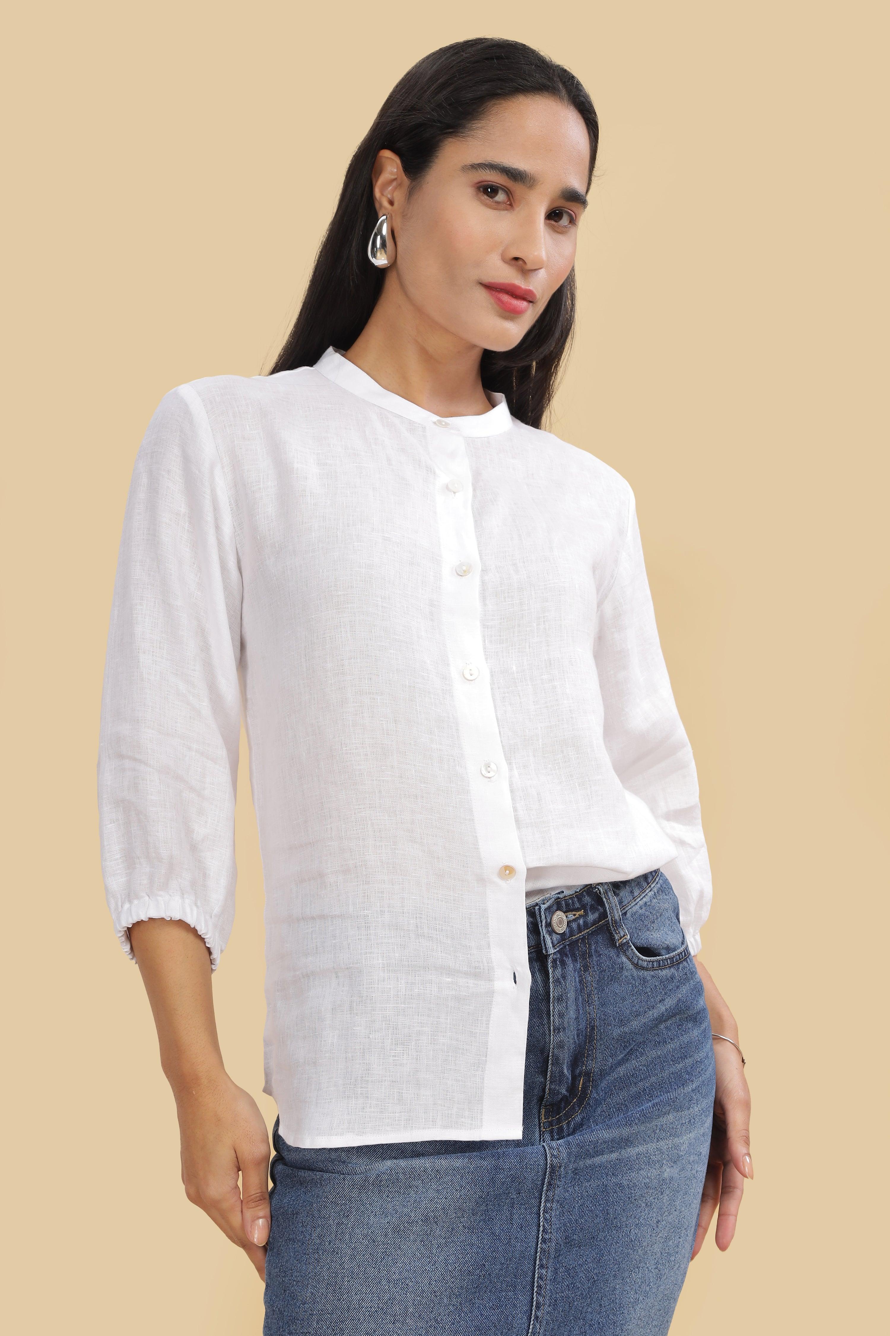 ESME- 100% Pure Linen Mandarin Collar White Shirt