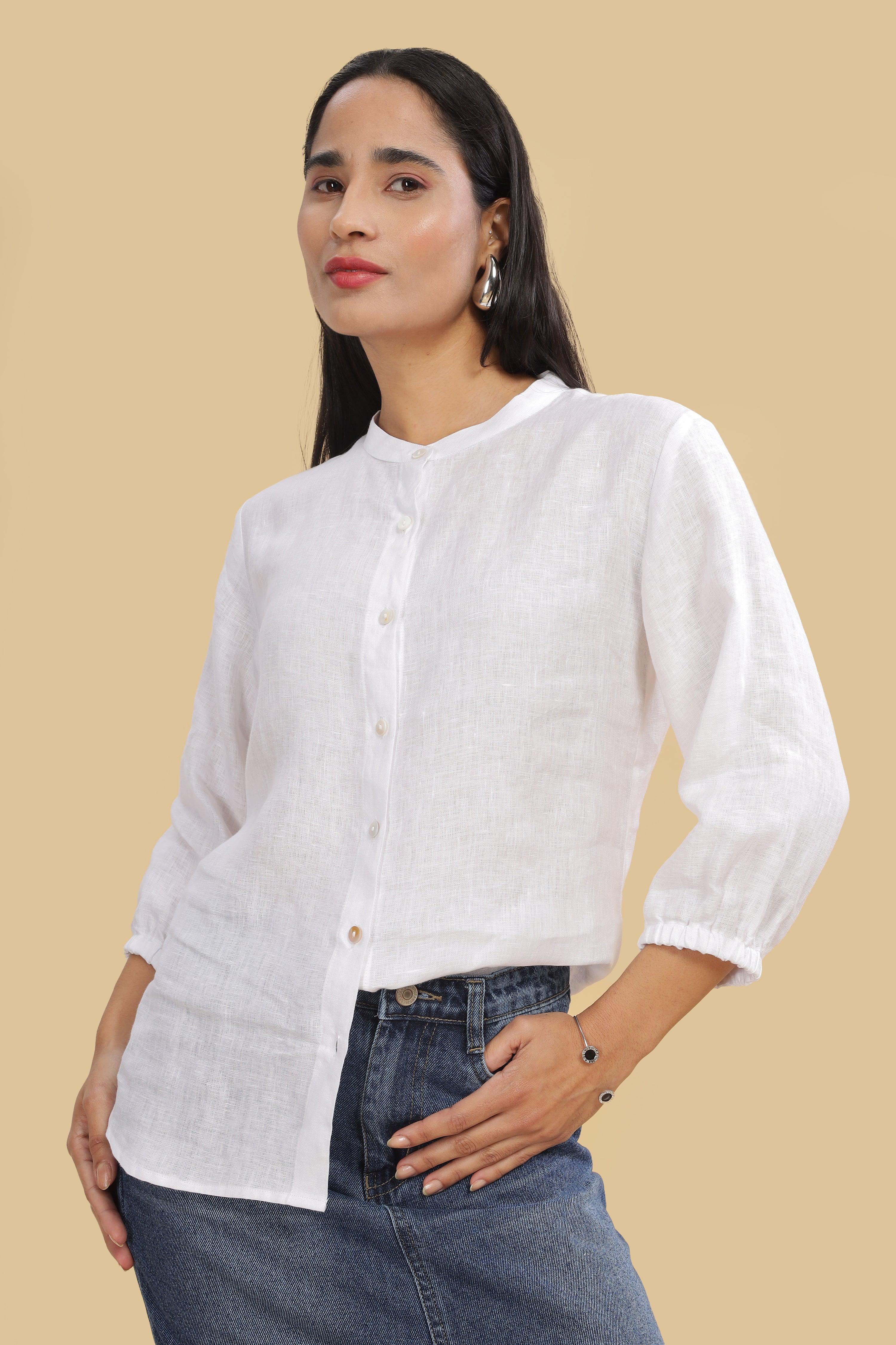 ESME- 100% Pure Linen Mandarin Collar White Shirt