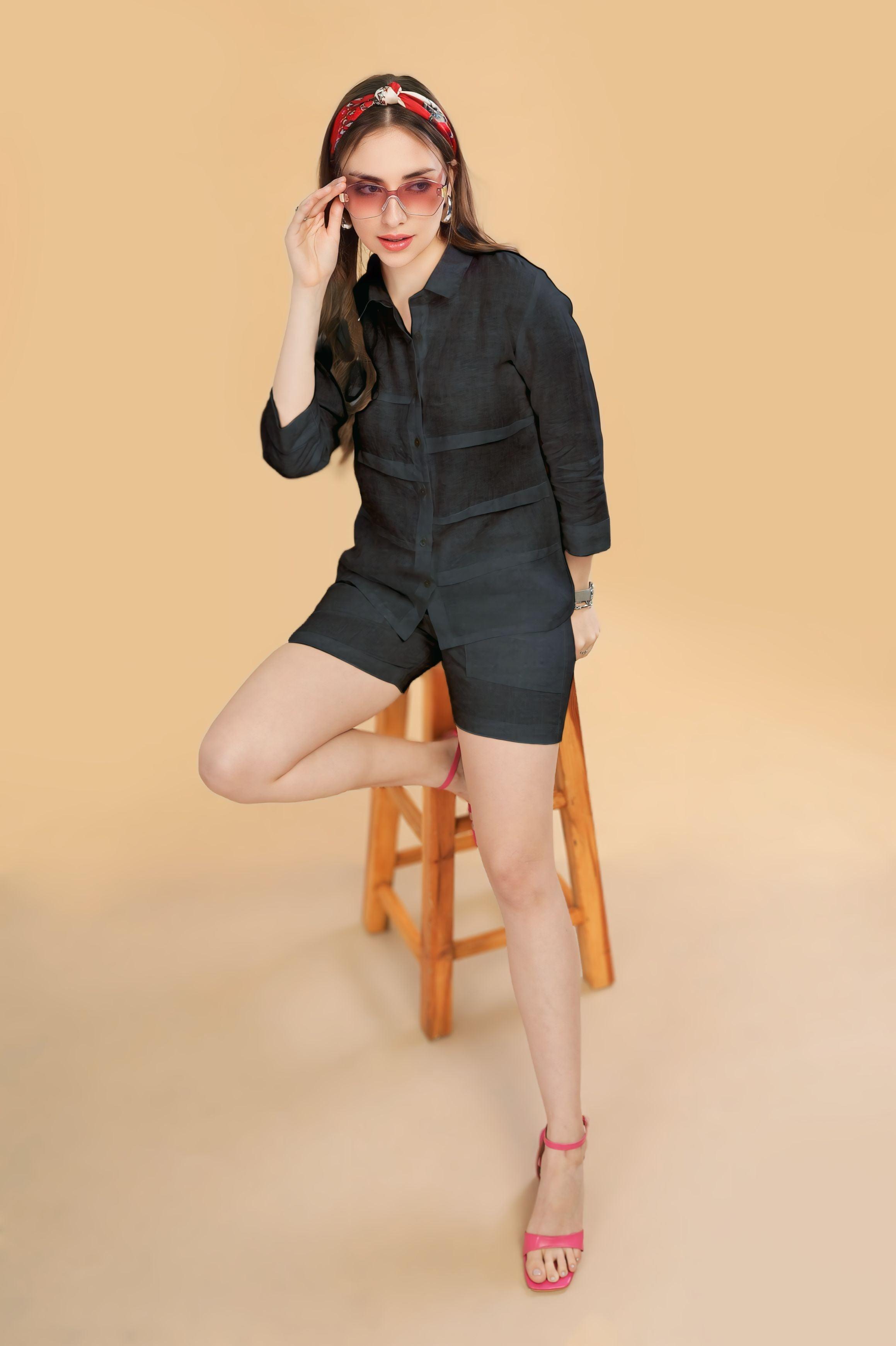 ZOE - 100% Linen Full Sleeve Black Shirt With Pleat Detailing