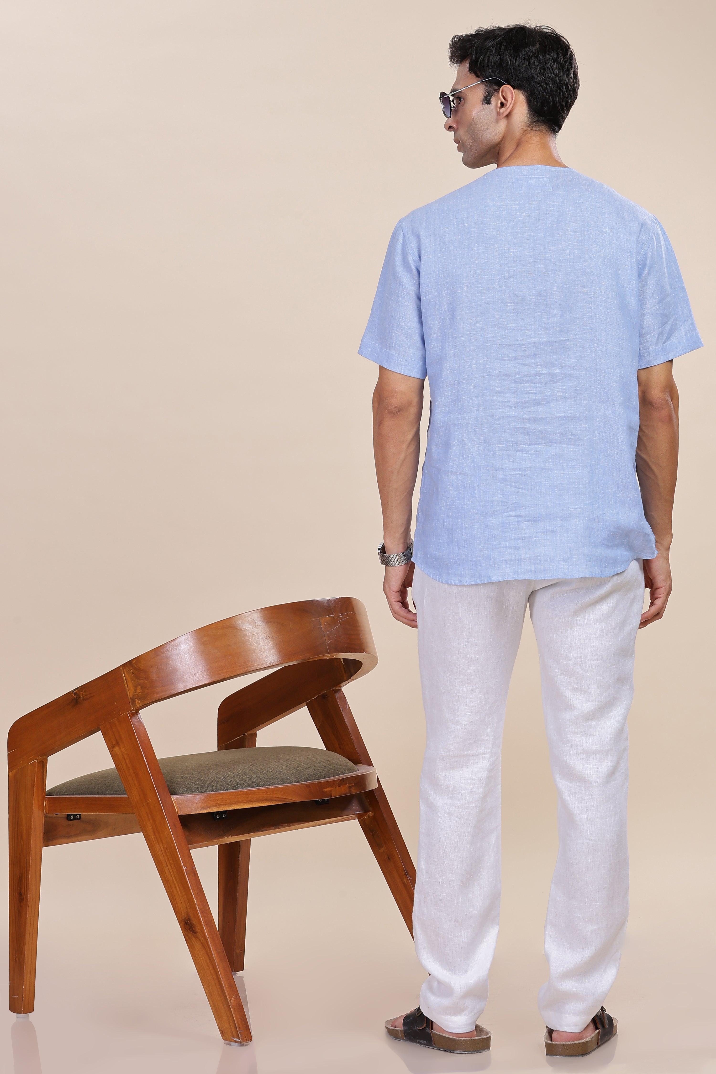ALAN - Pure French Linen Light Blue Chambray T-Shirt