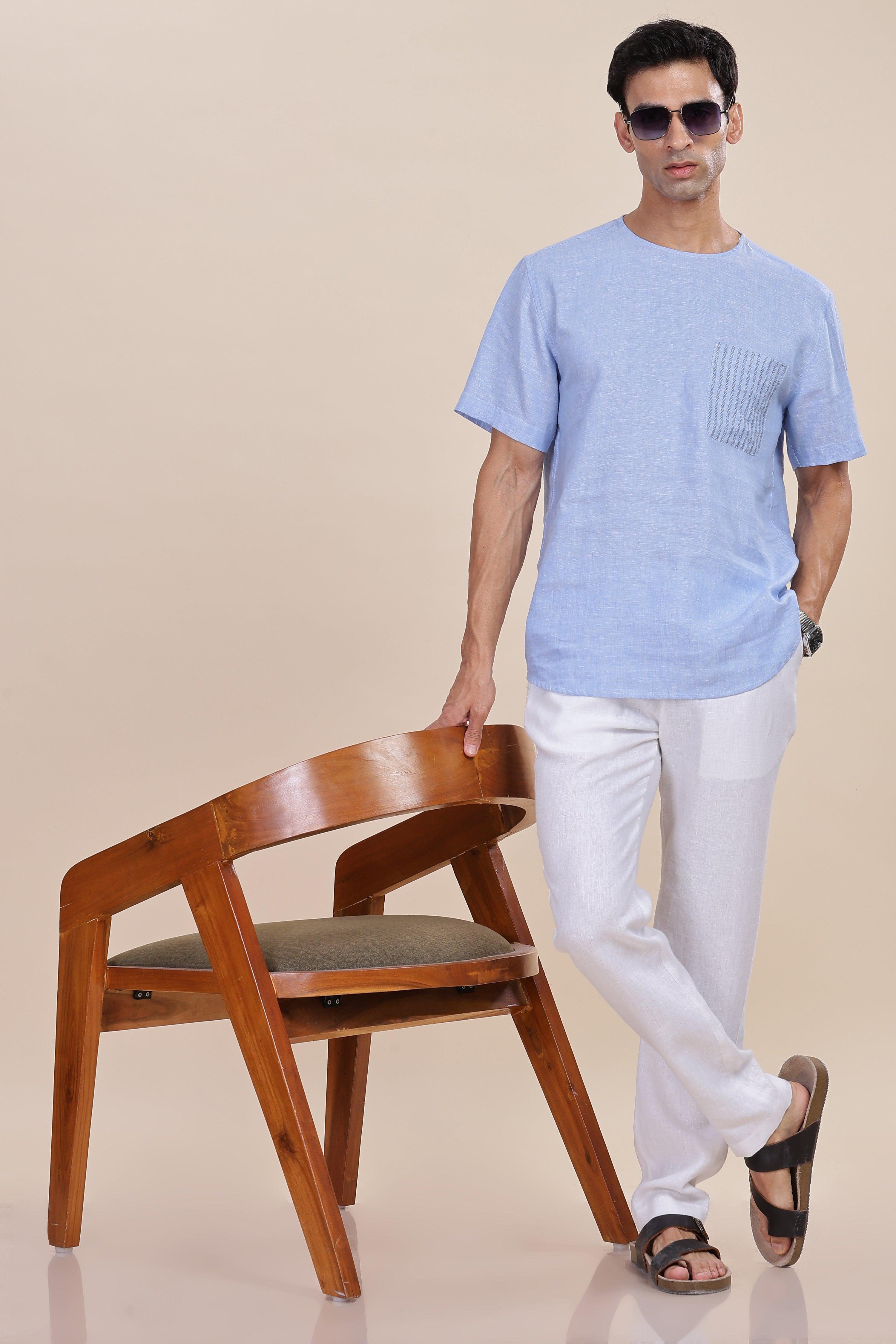 ALAN - Pure French Linen Light Blue Chambray T-Shirt