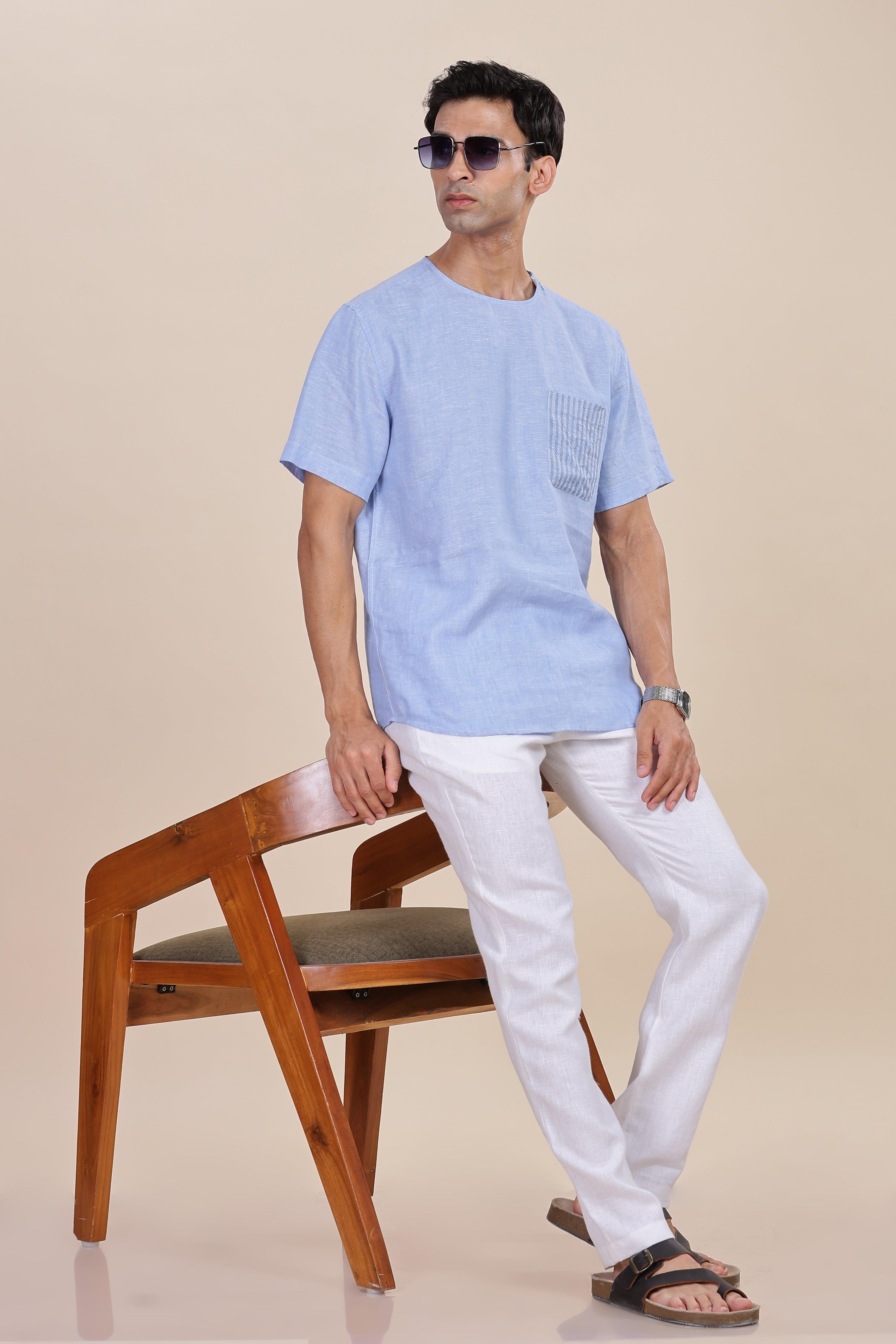 ALAN - Pure French Linen Light Blue Chambray T-Shirt