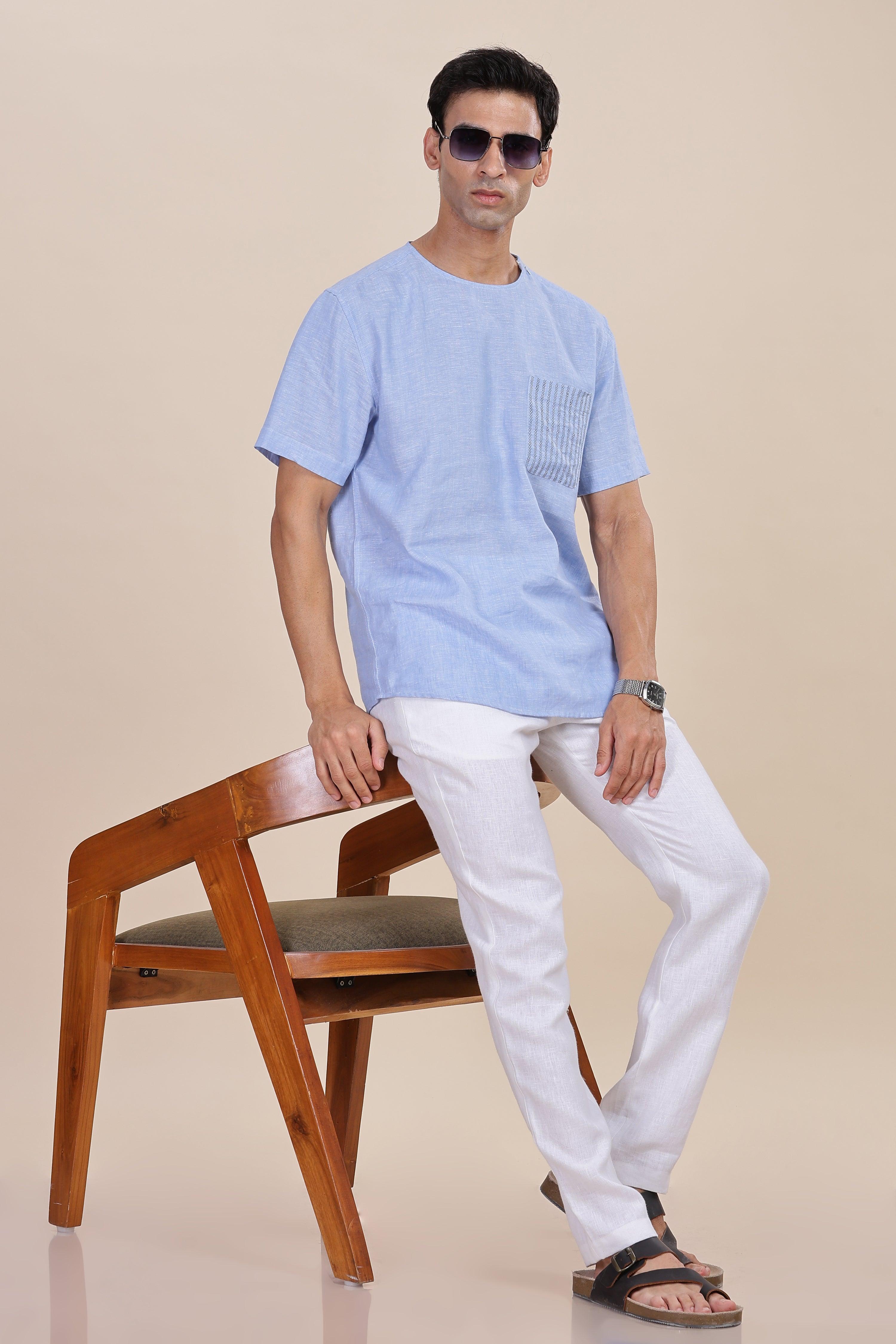 ALAN - Pure French Linen Light Blue Chambray T-Shirt