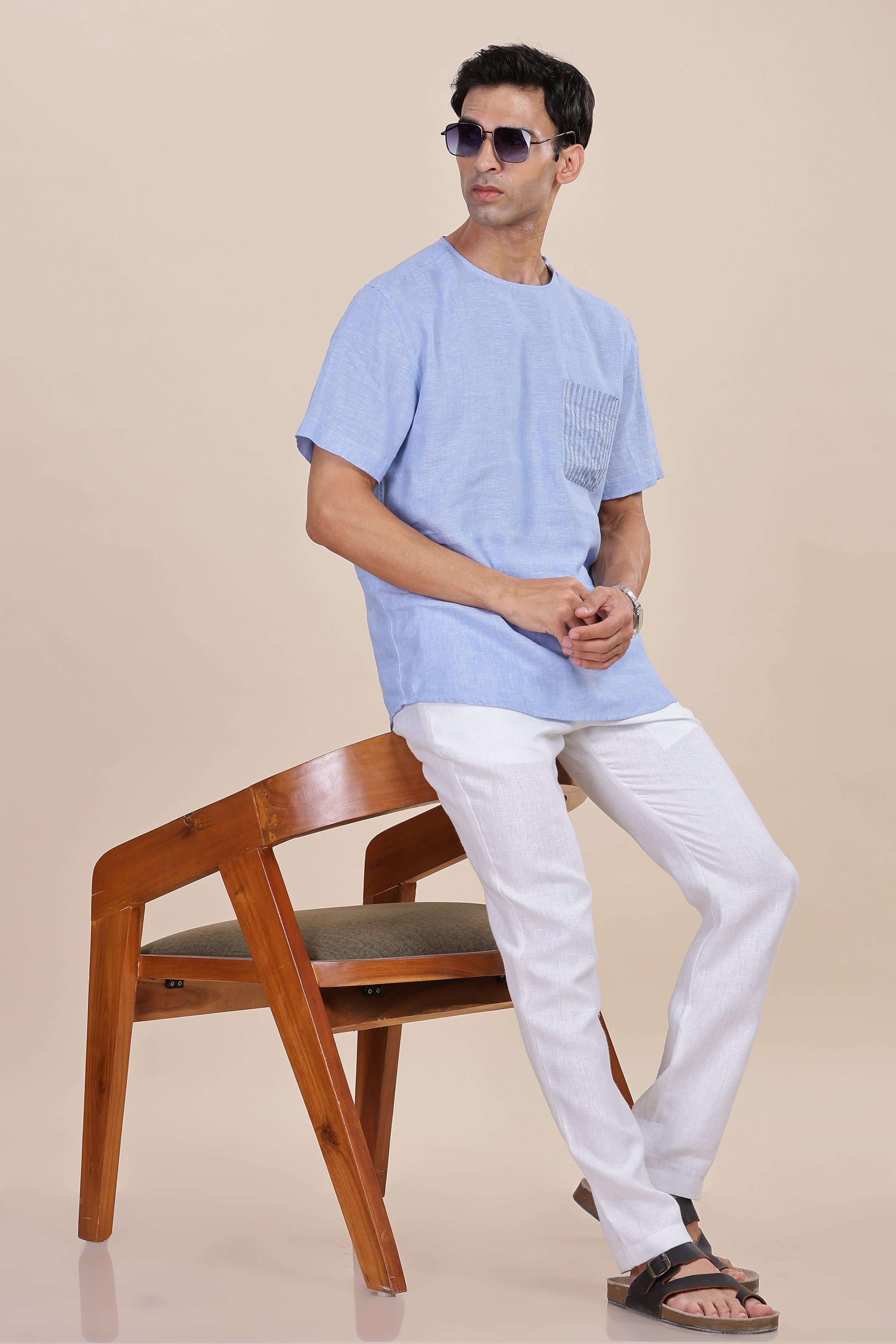 ALAN - Pure French Linen Light Blue Chambray T-Shirt