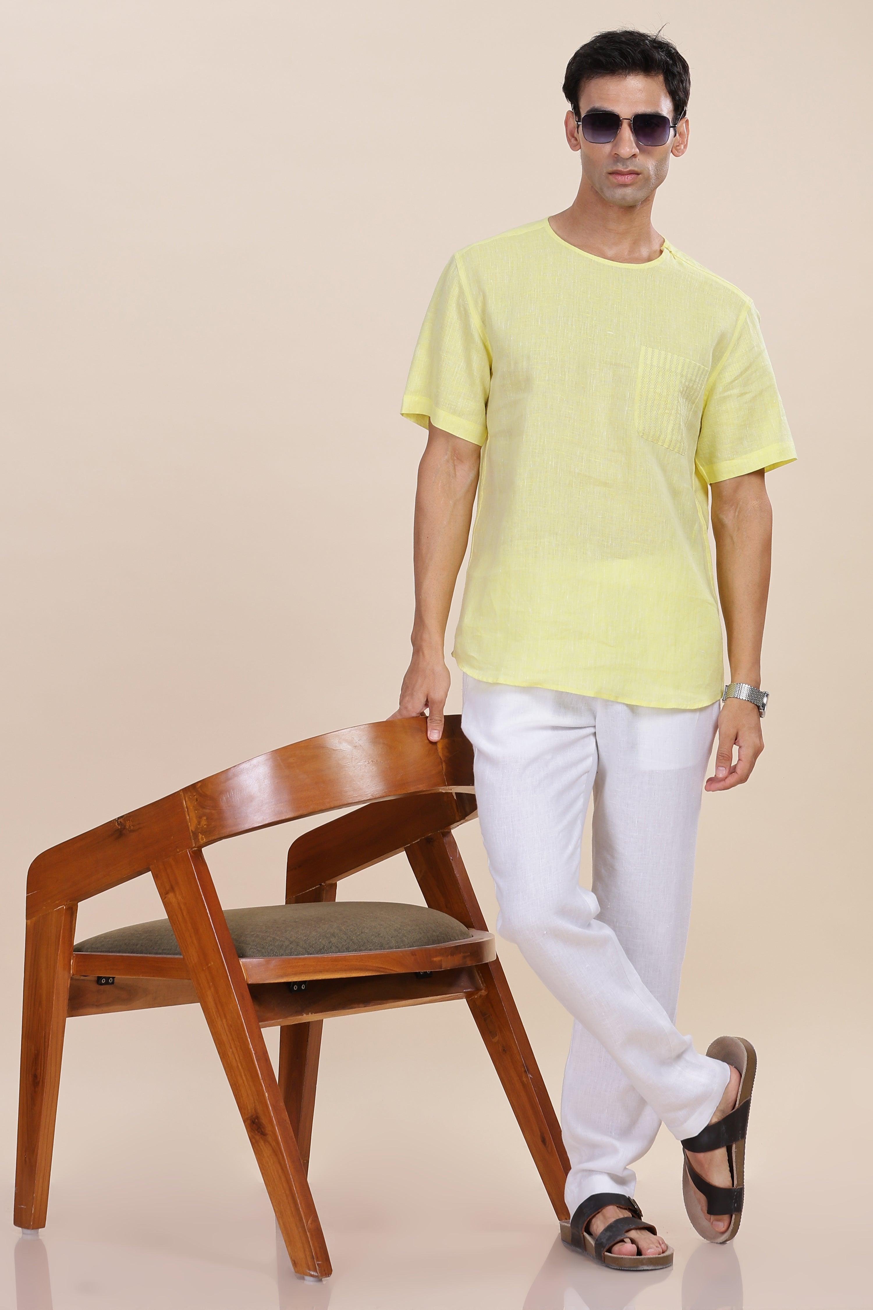 ALAN - Pure French Linen Light Yellow Chambray T-Shirt