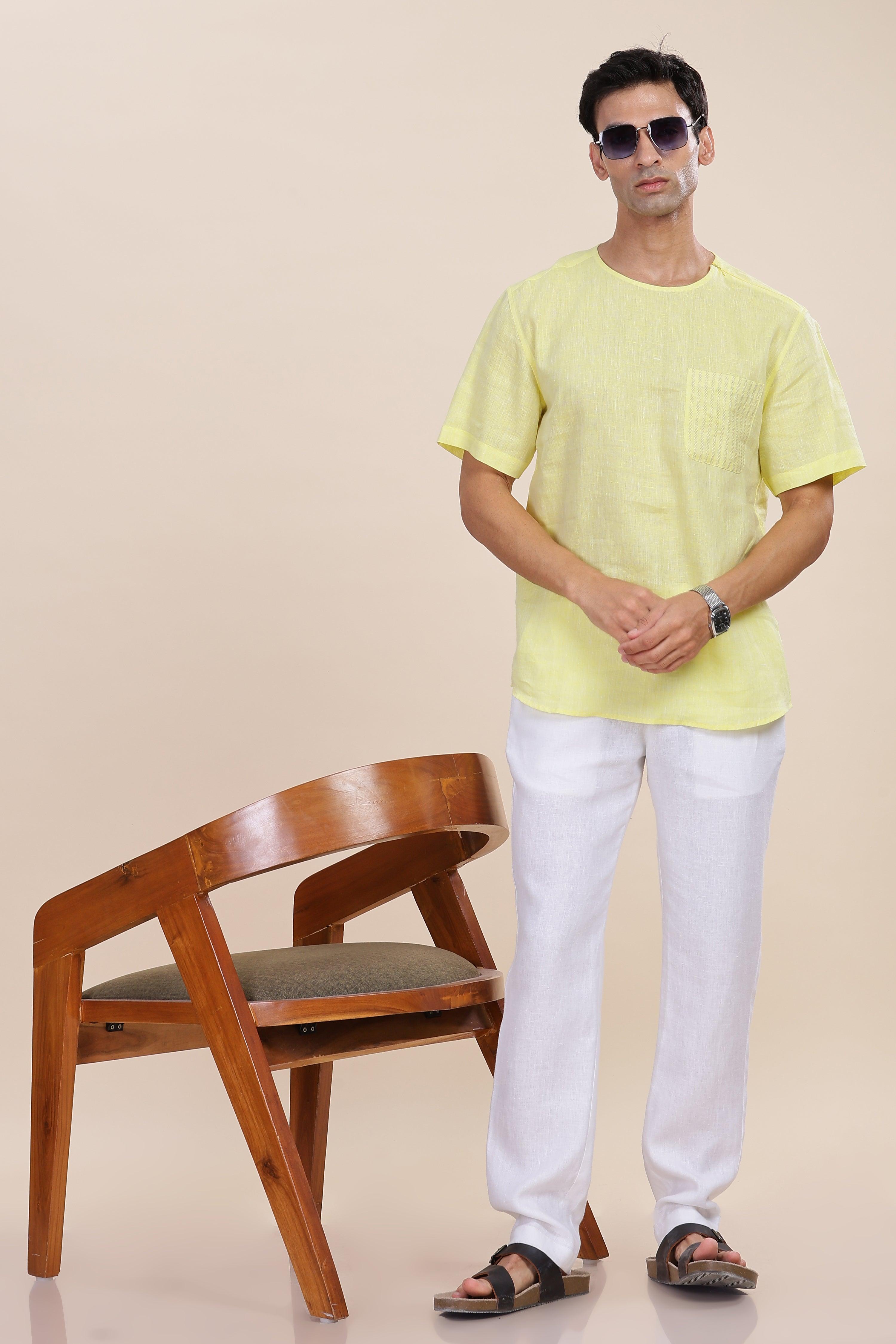 ALAN - Pure French Linen Light Yellow Chambray T-Shirt