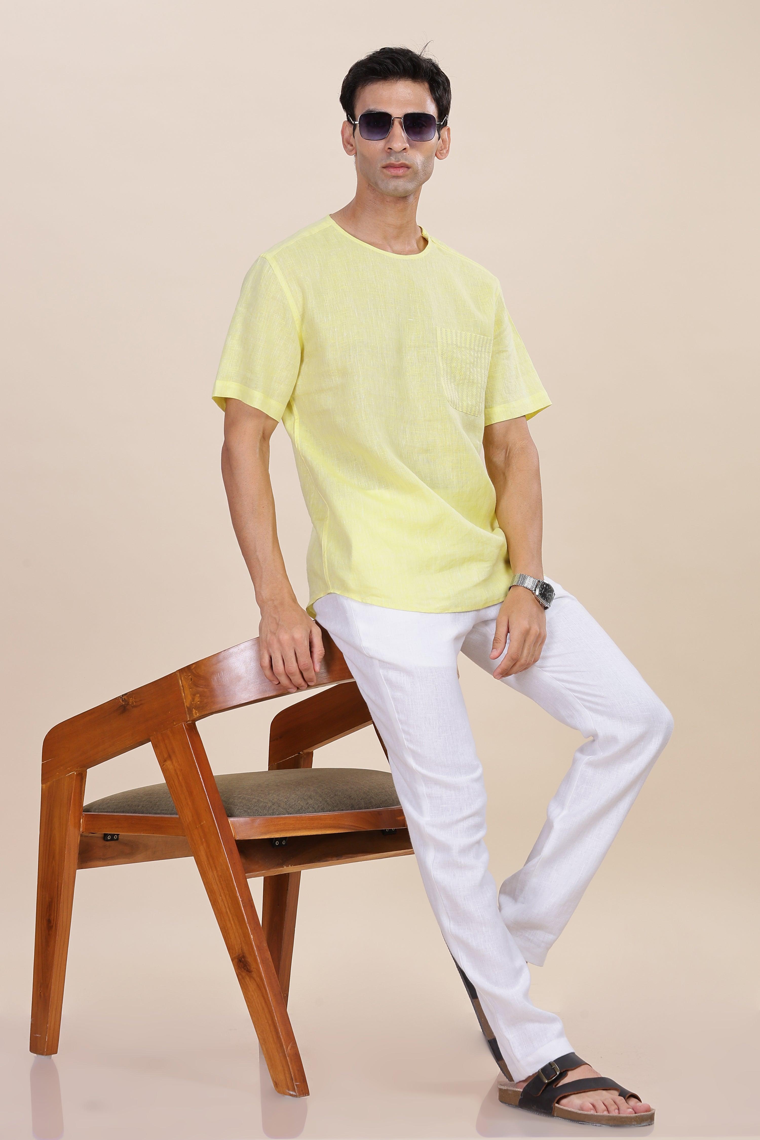 ALAN - Pure French Linen Light Yellow Chambray T-Shirt