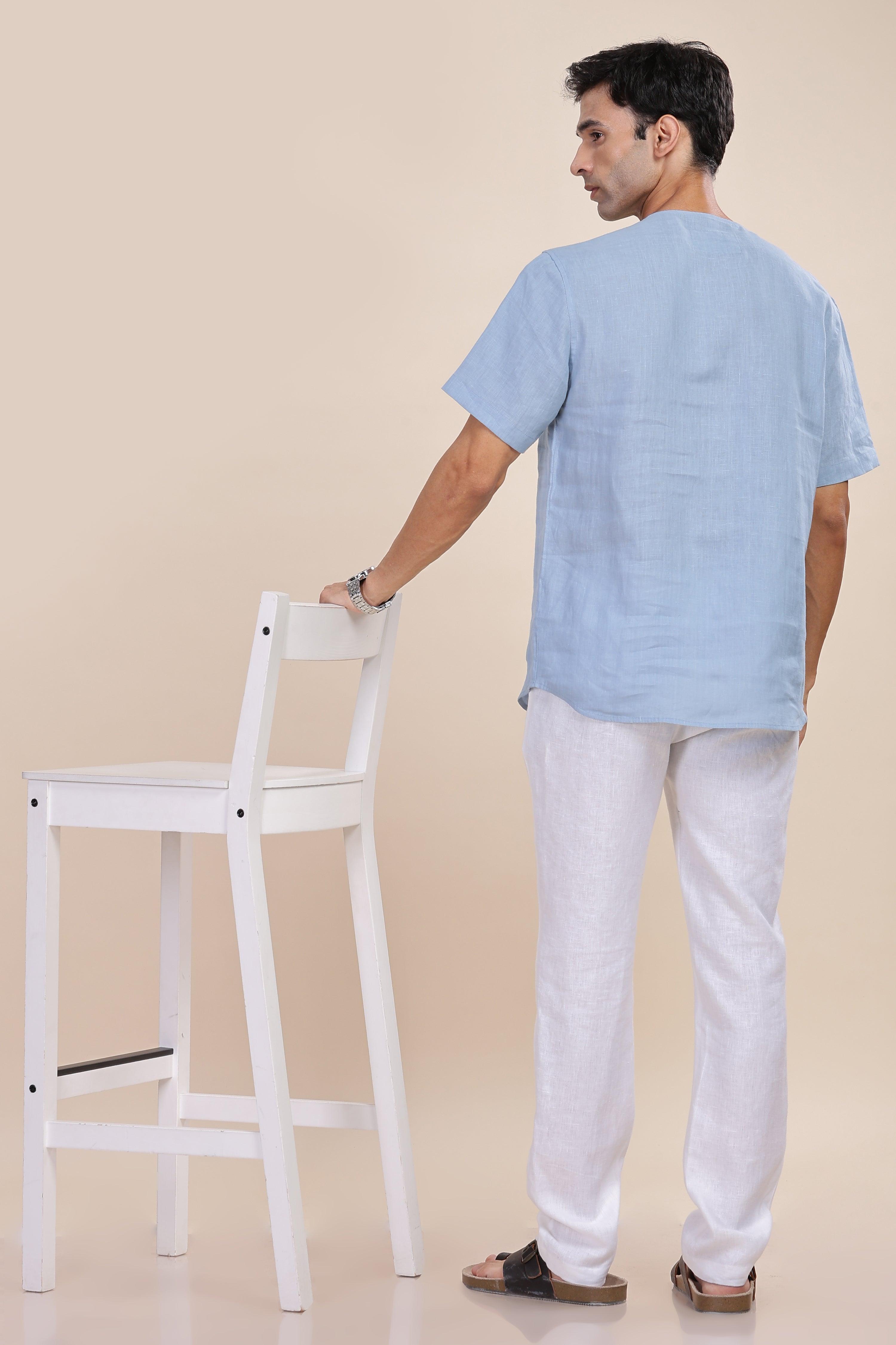 ALAN - Pure French Linen Light Blue Grey T-Shirt