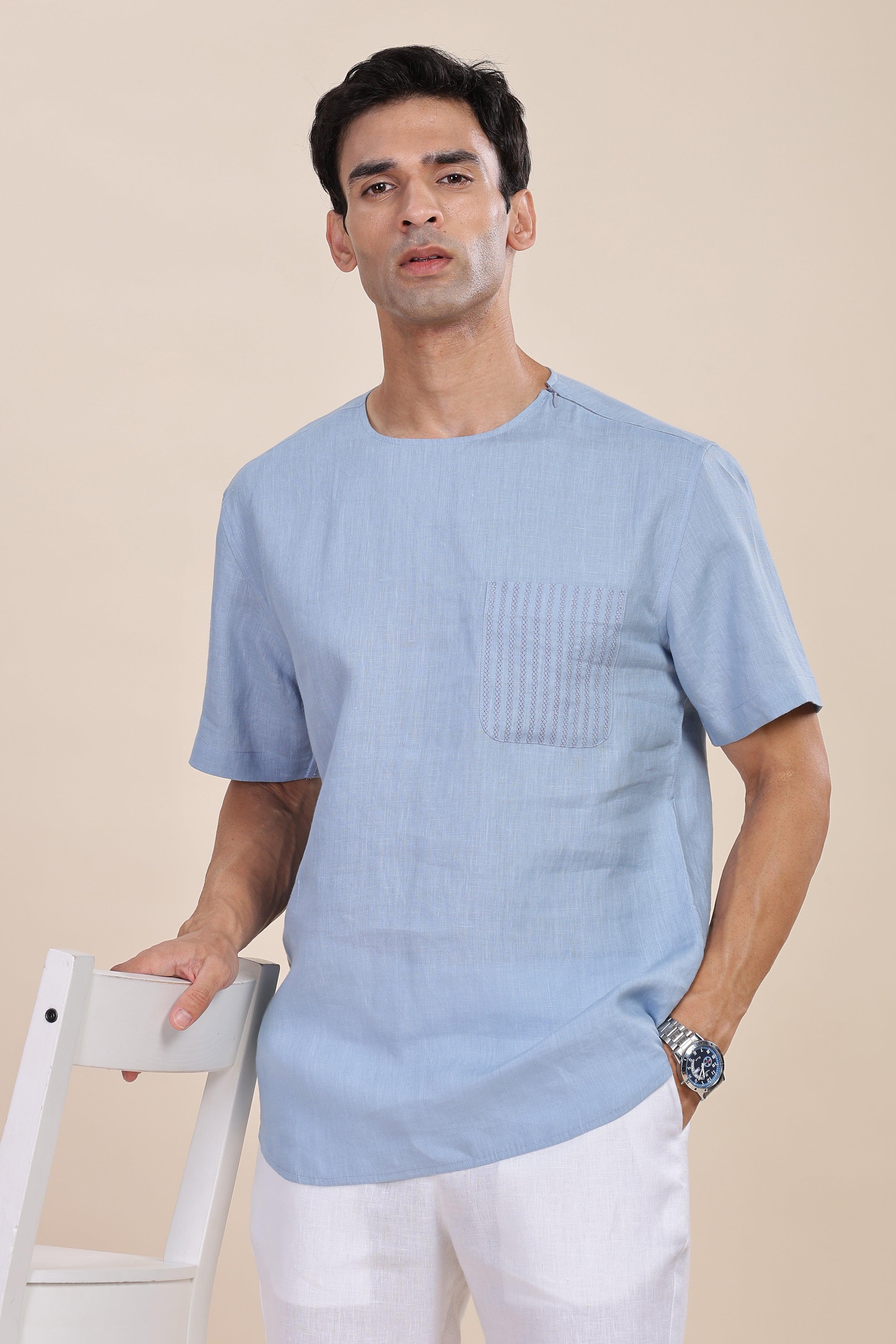 ALAN - Pure French Linen Light Blue Grey T-Shirt