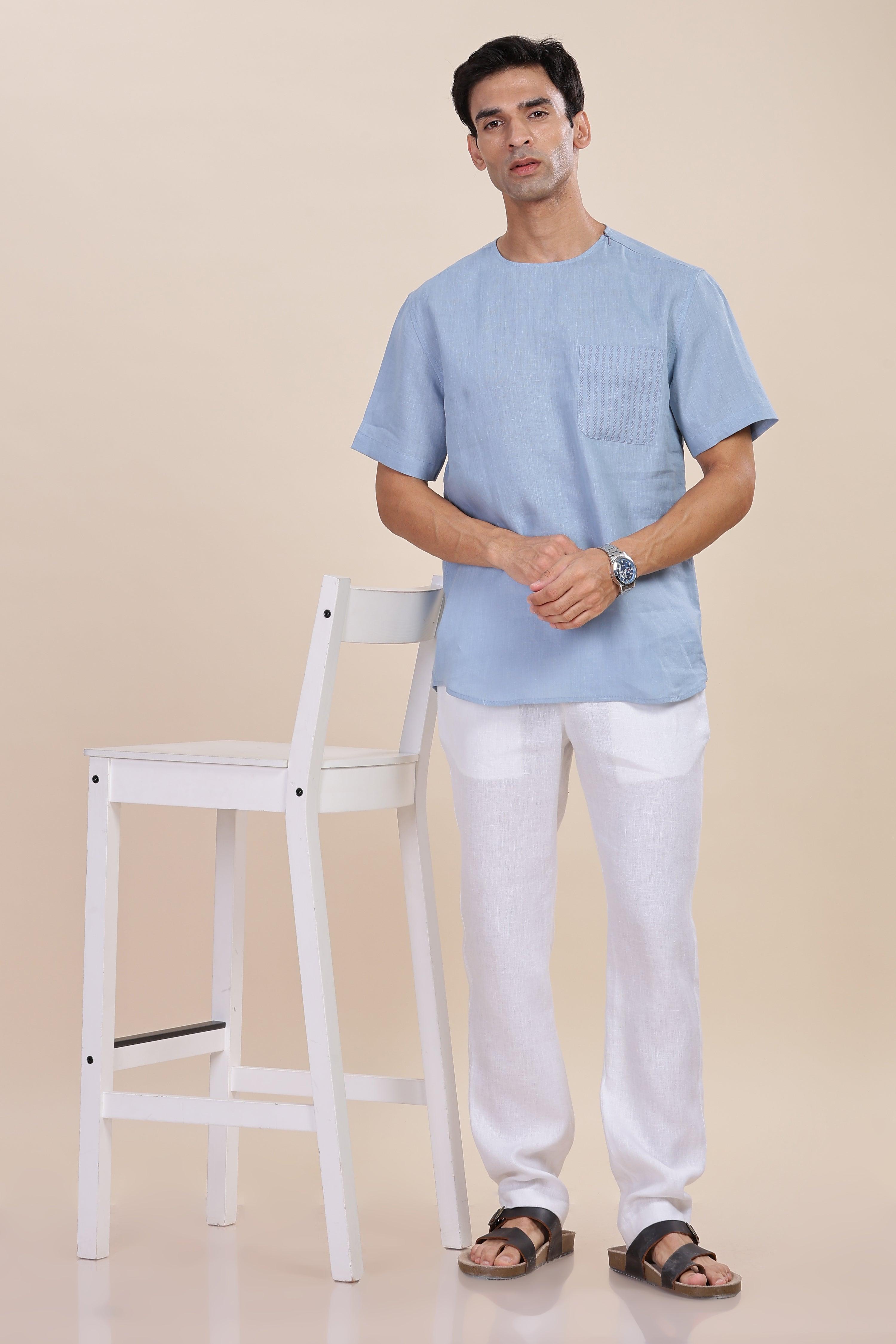 ALAN - Pure French Linen Light Blue Grey T-Shirt