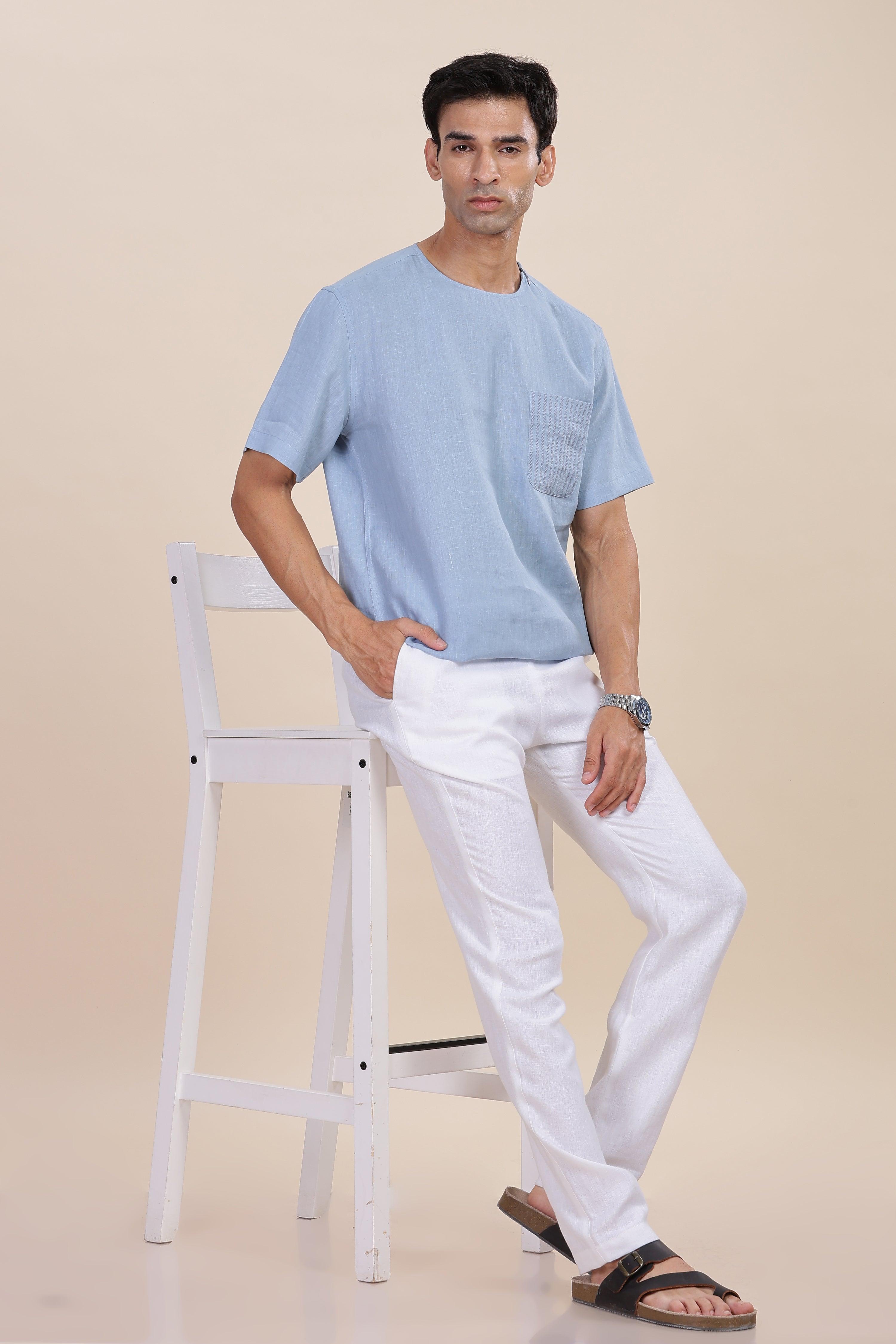 ALAN - Pure French Linen Light Blue Grey T-Shirt