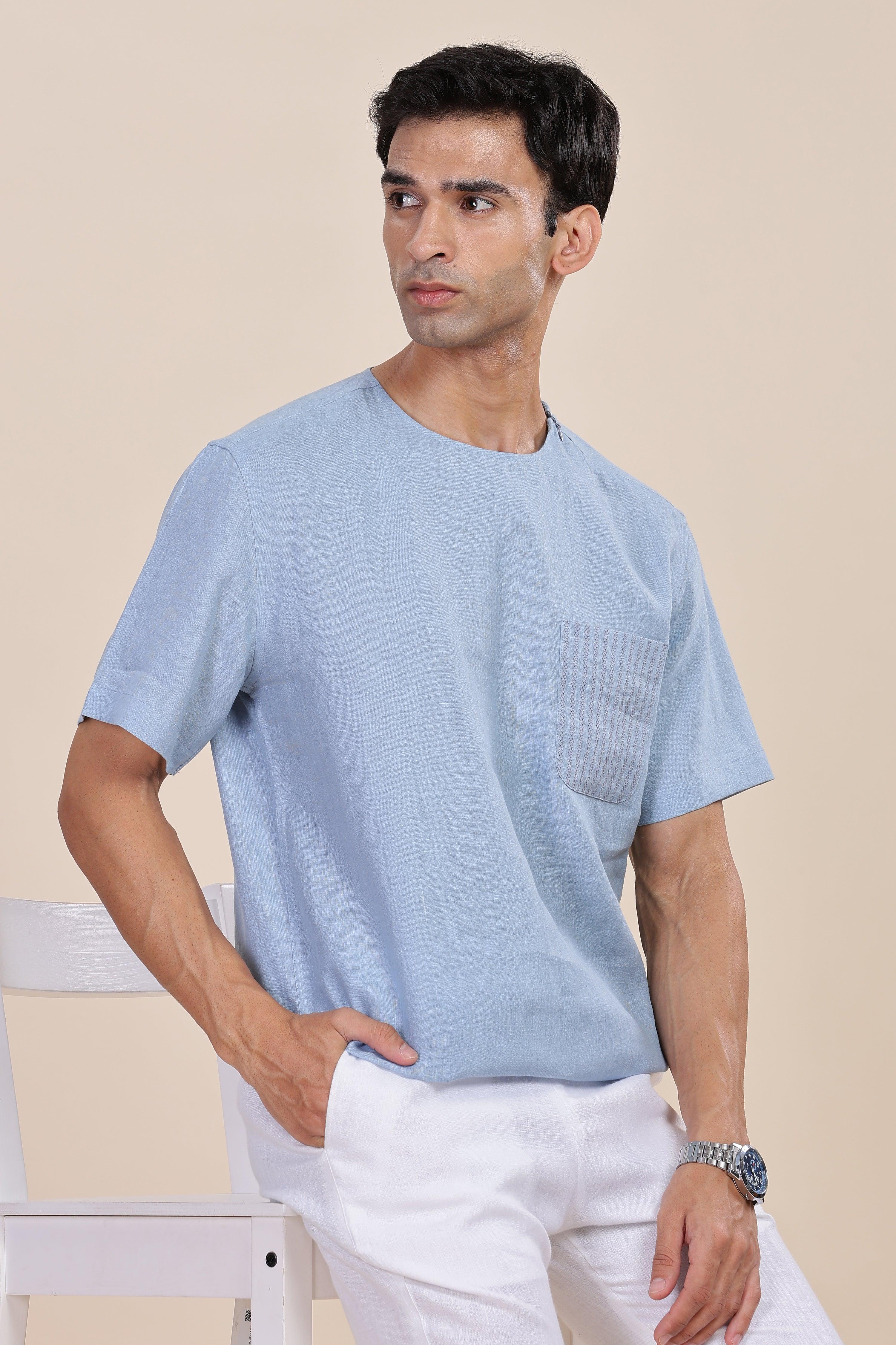 ALAN - Pure French Linen Light Blue Grey T-Shirt