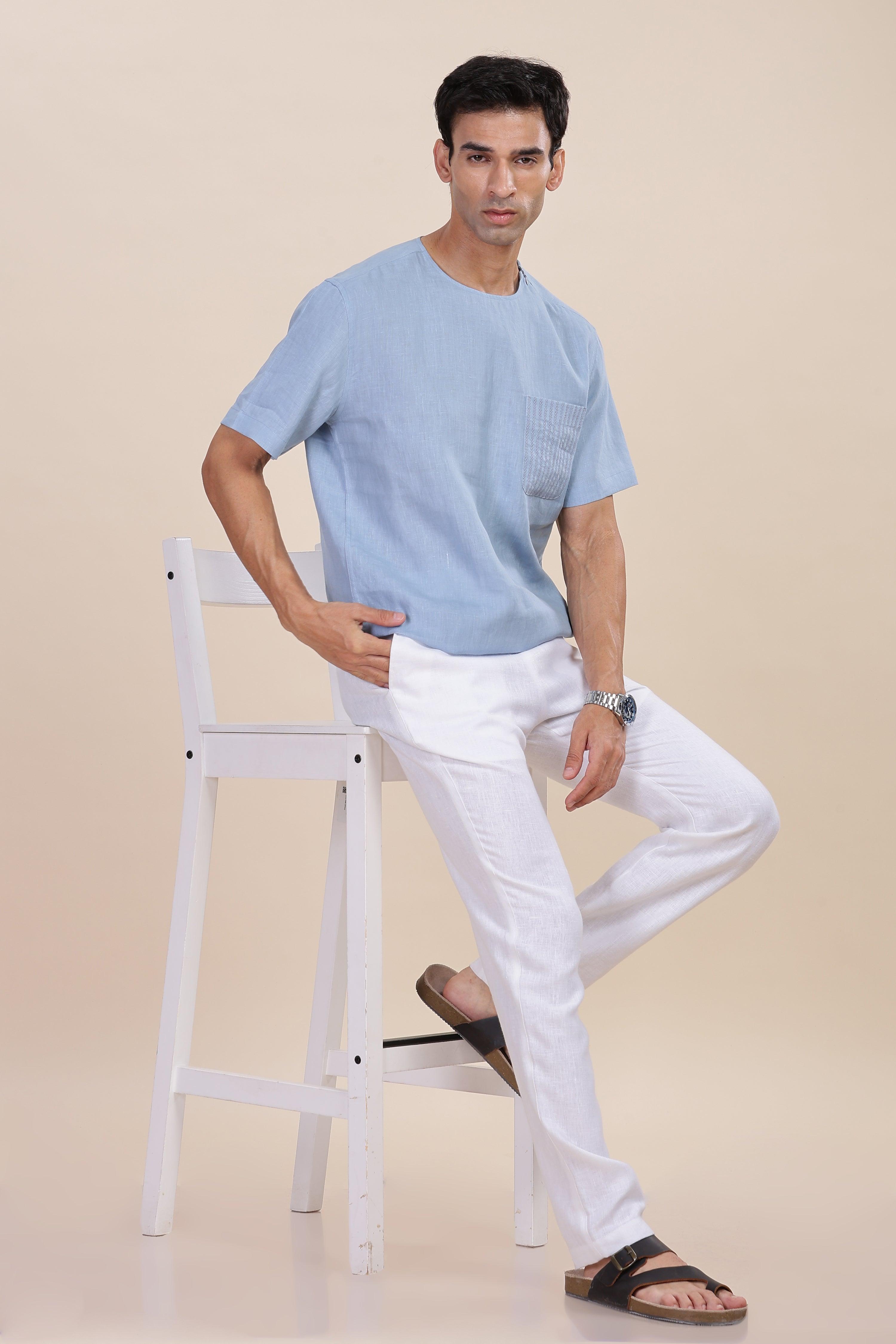 ALAN - Pure French Linen Light Blue Grey T-Shirt
