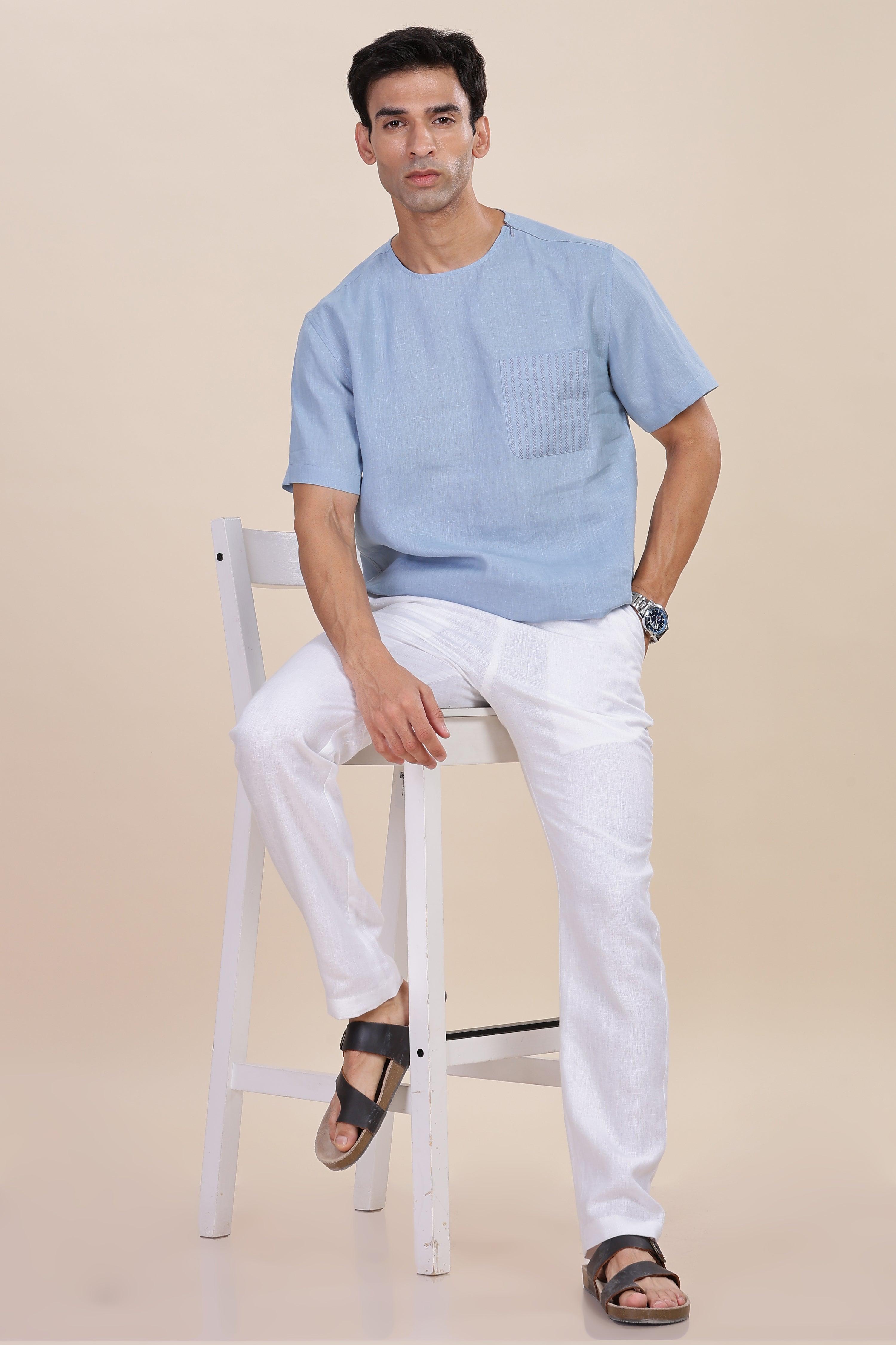 ALAN - Pure French Linen Light Blue Grey T-Shirt
