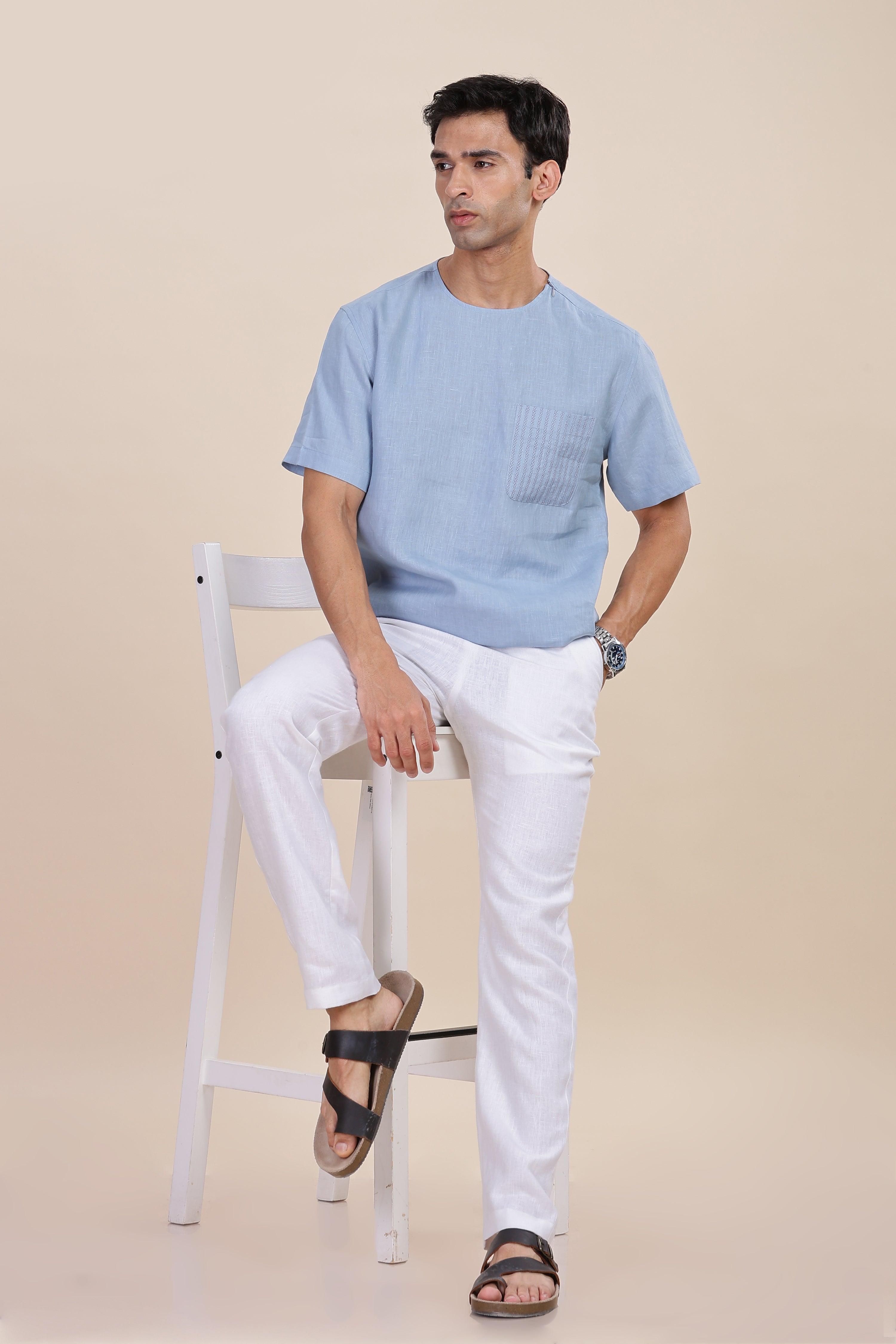 ALAN - Pure French Linen Light Blue Grey T-Shirt