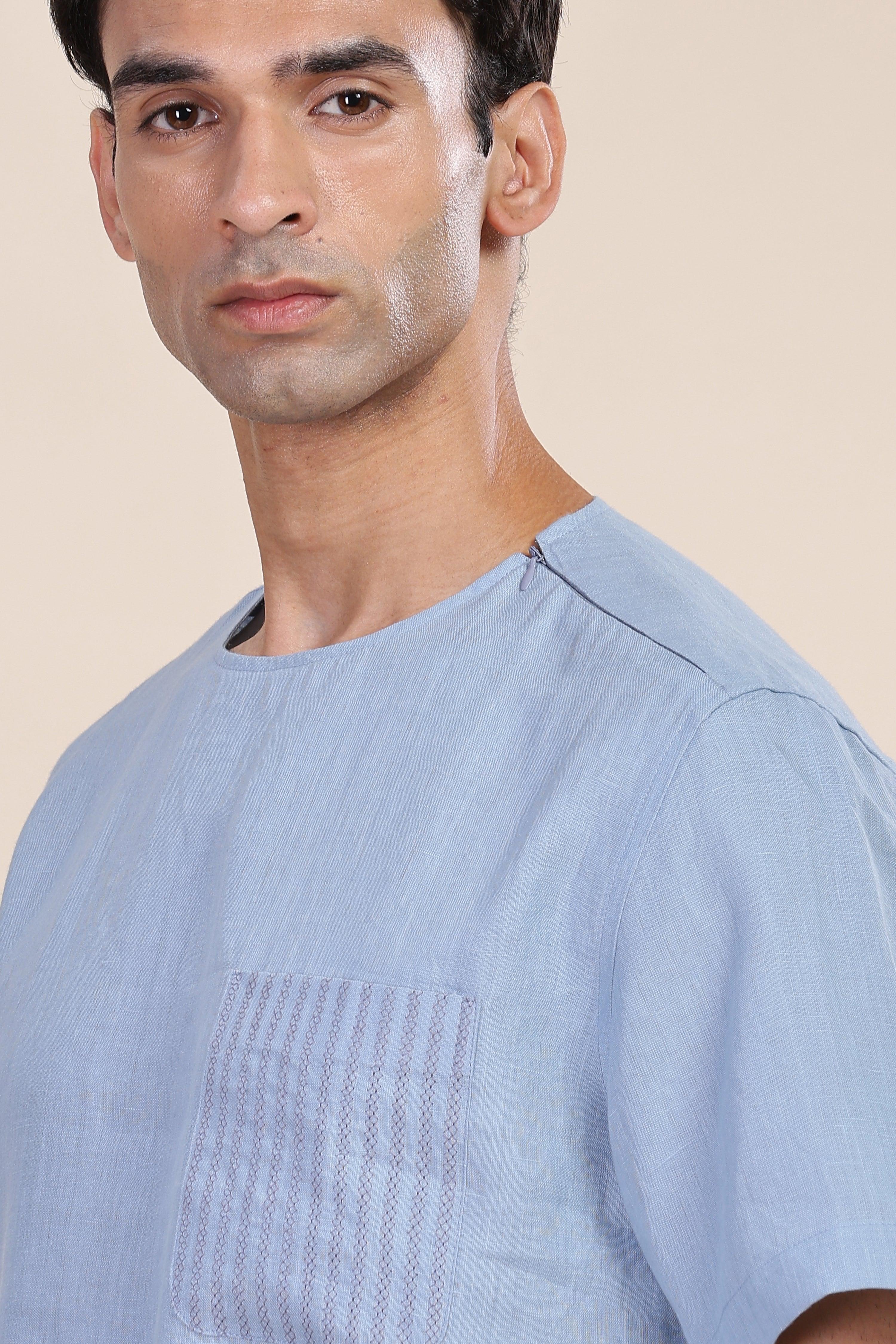 ALAN - Pure French Linen Light Blue Grey T-Shirt