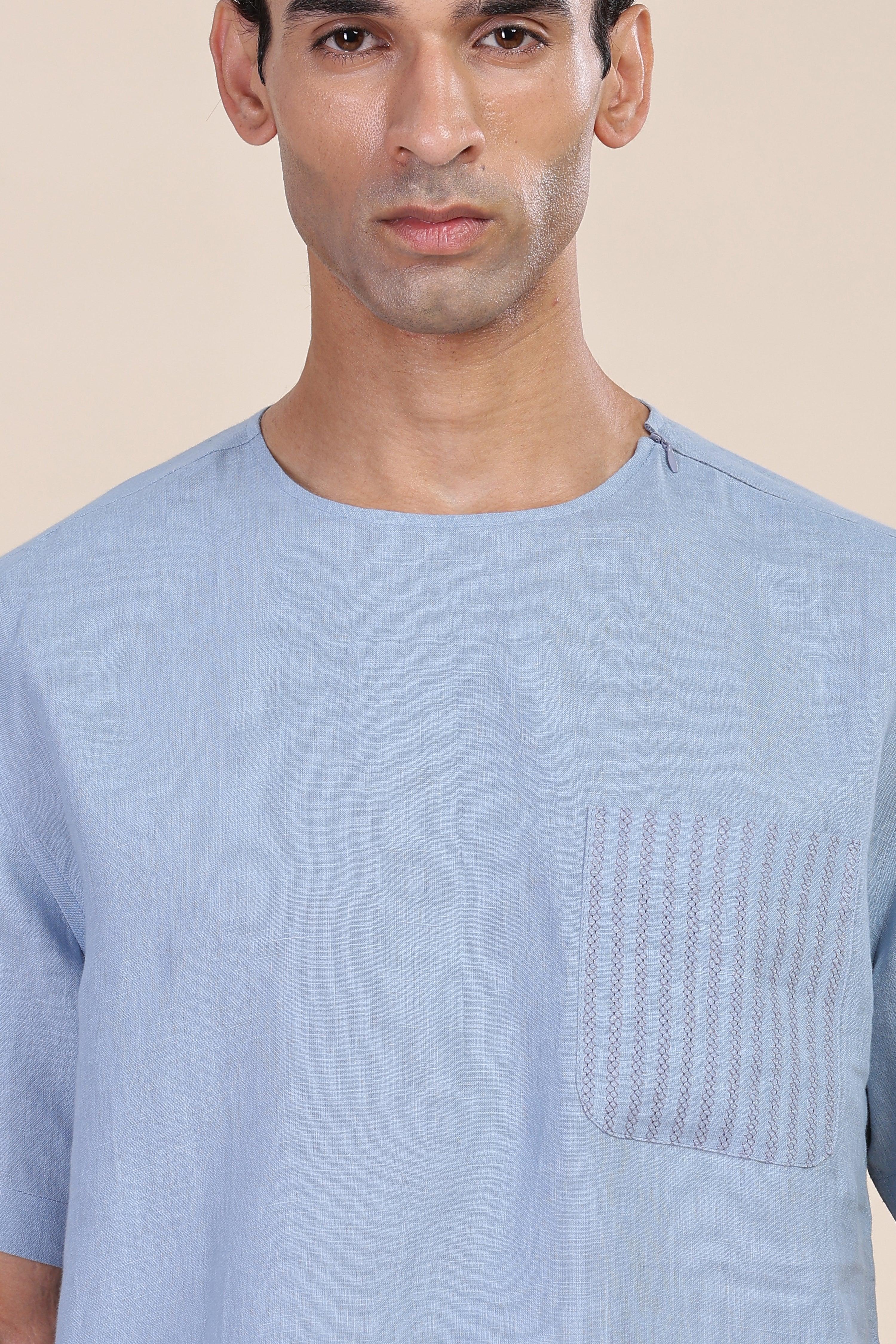 ALAN - Pure French Linen Light Blue Grey T-Shirt