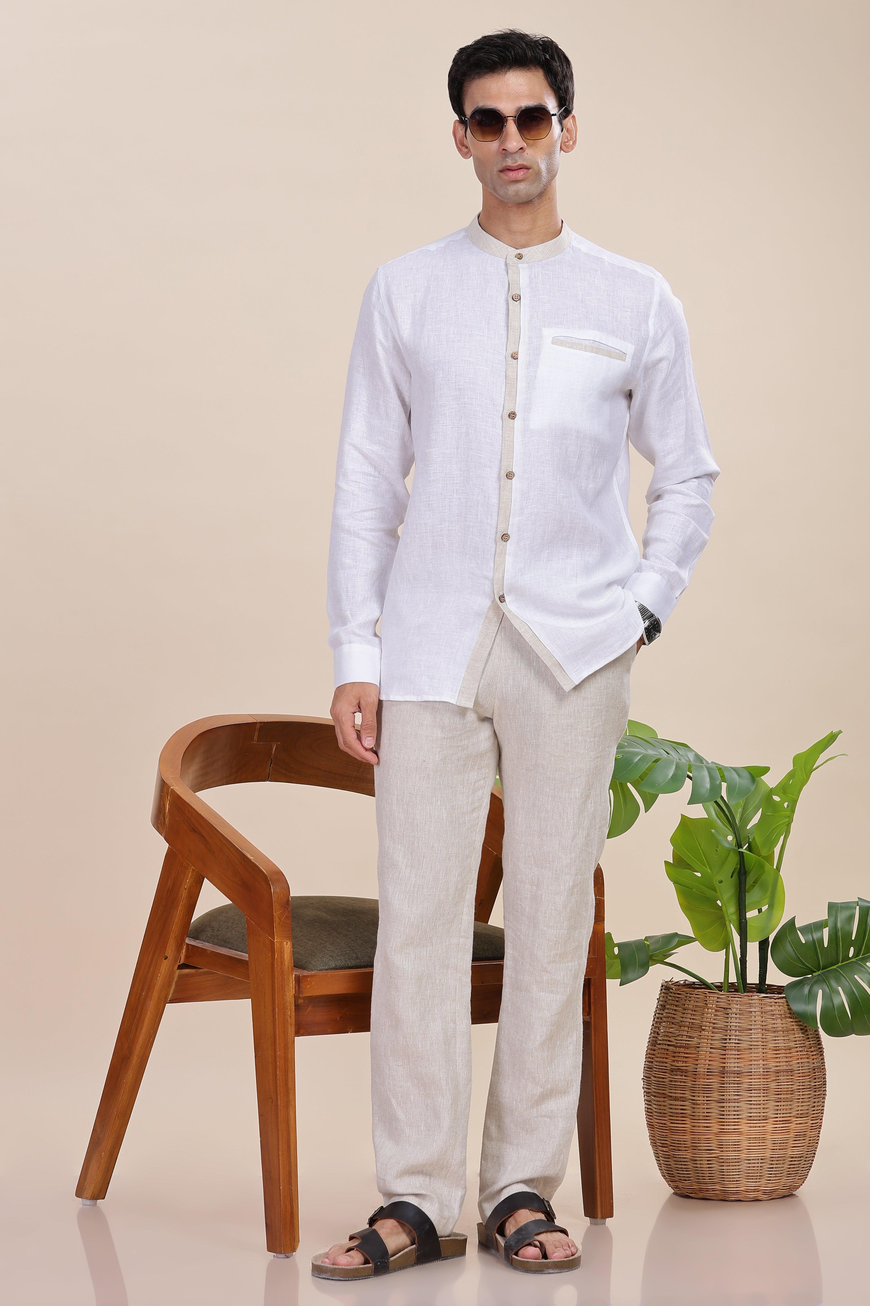 JULIEN - Elegance Redefined 100% Pure Linen White & Natural Shirt