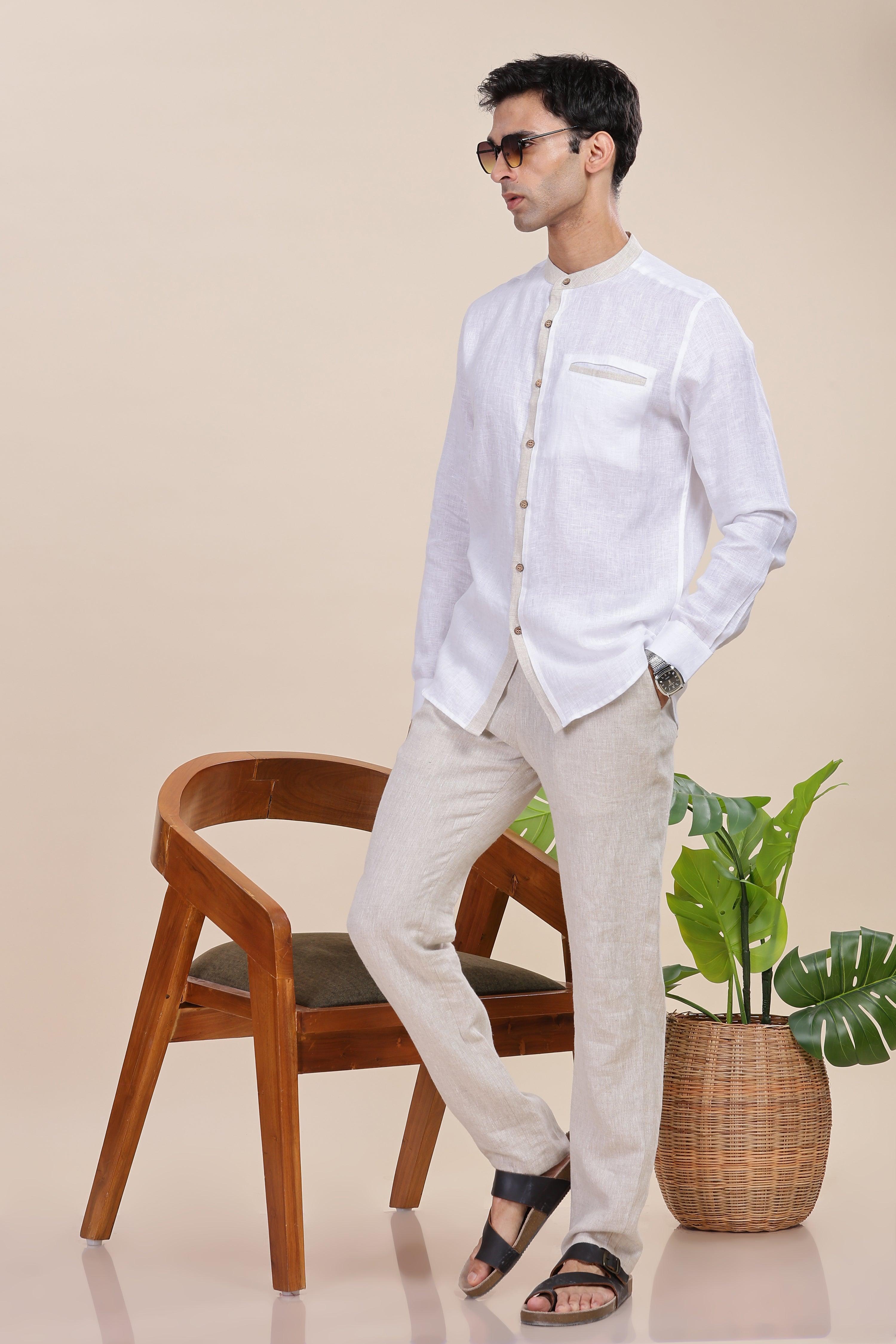 JULIEN - Elegance Redefined 100% Pure Linen White & Natural Shirt