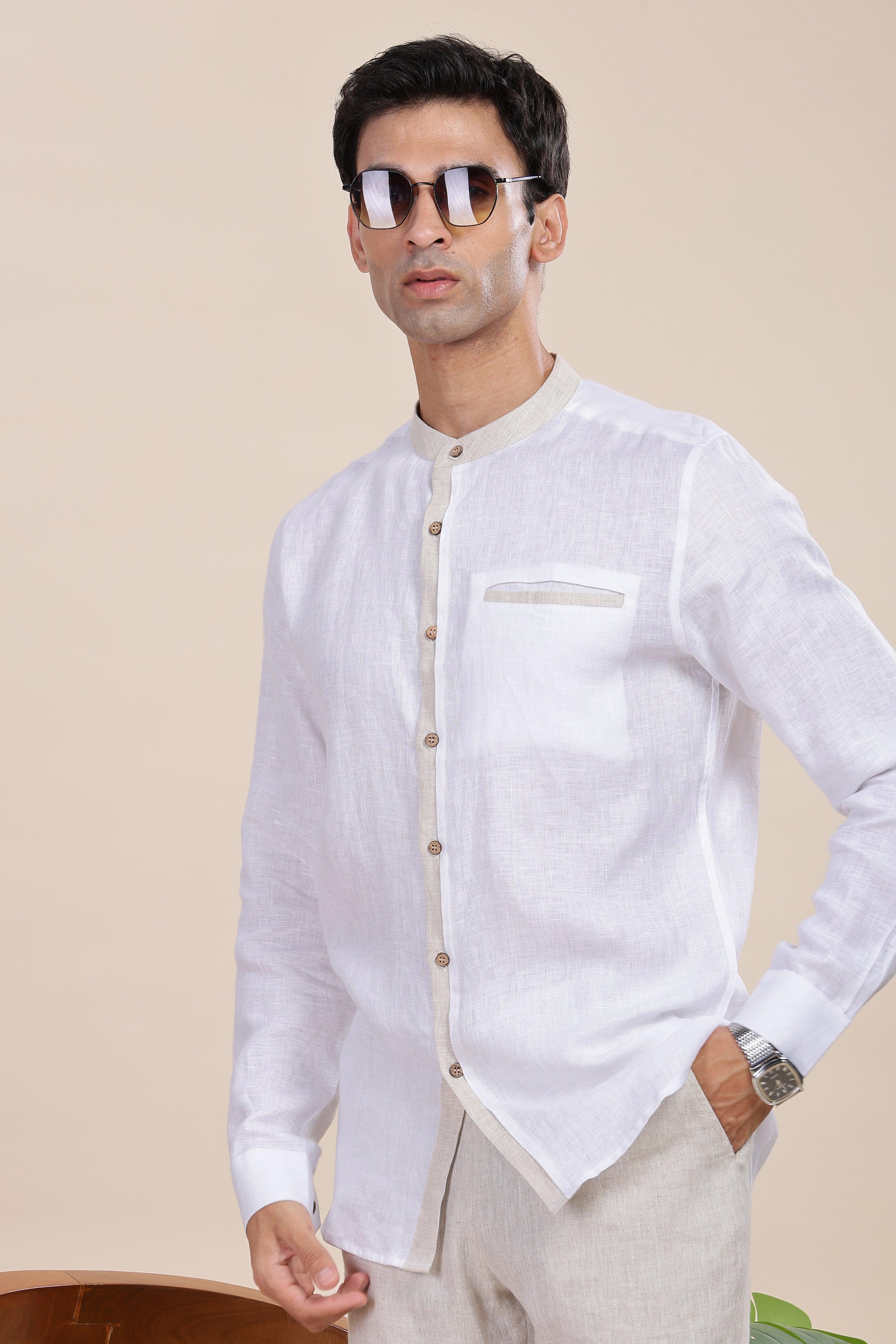 JULIEN - Elegance Redefined 100% Pure Linen White & Natural Shirt