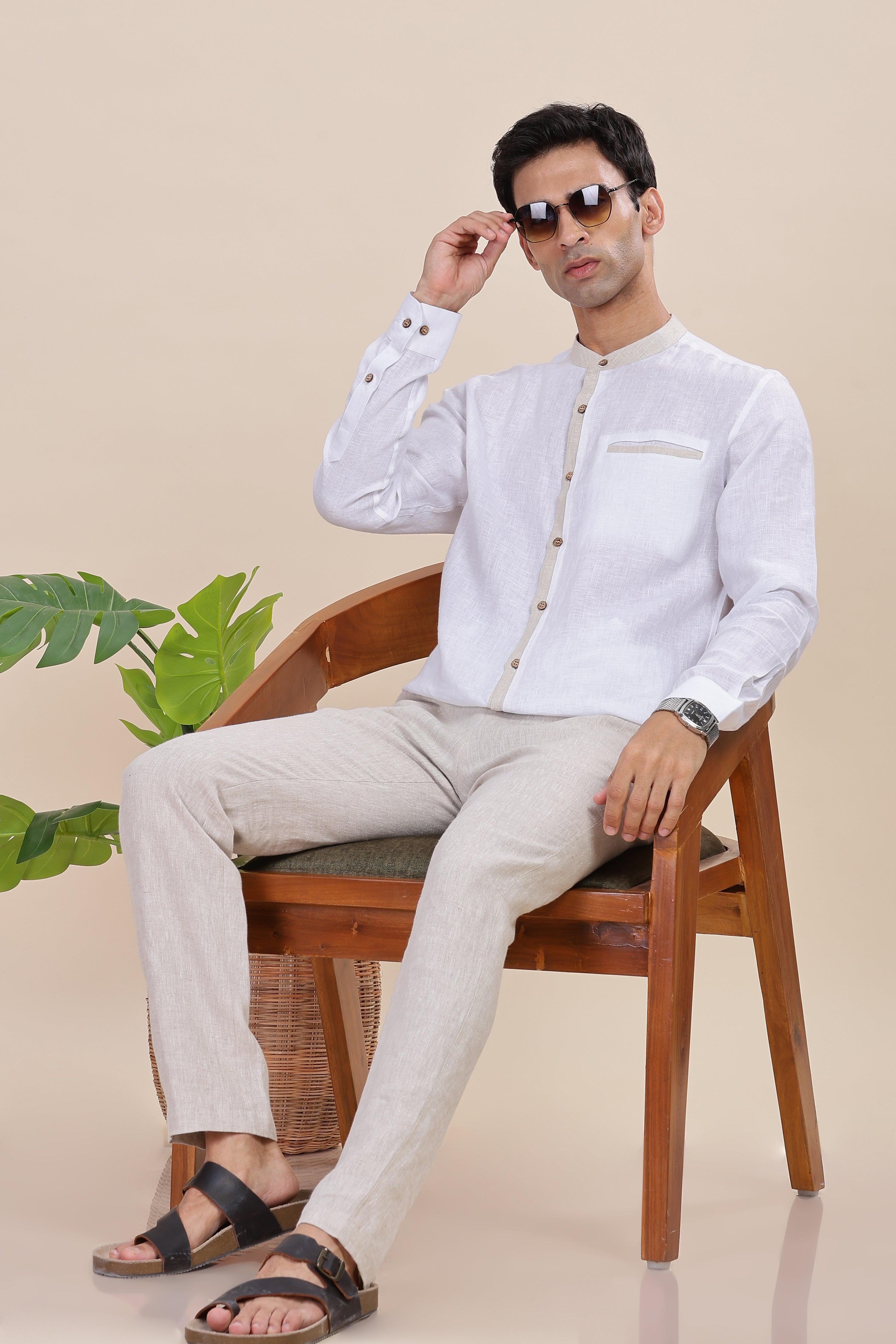 JULIEN - Elegance Redefined 100% Pure Linen White & Natural Shirt