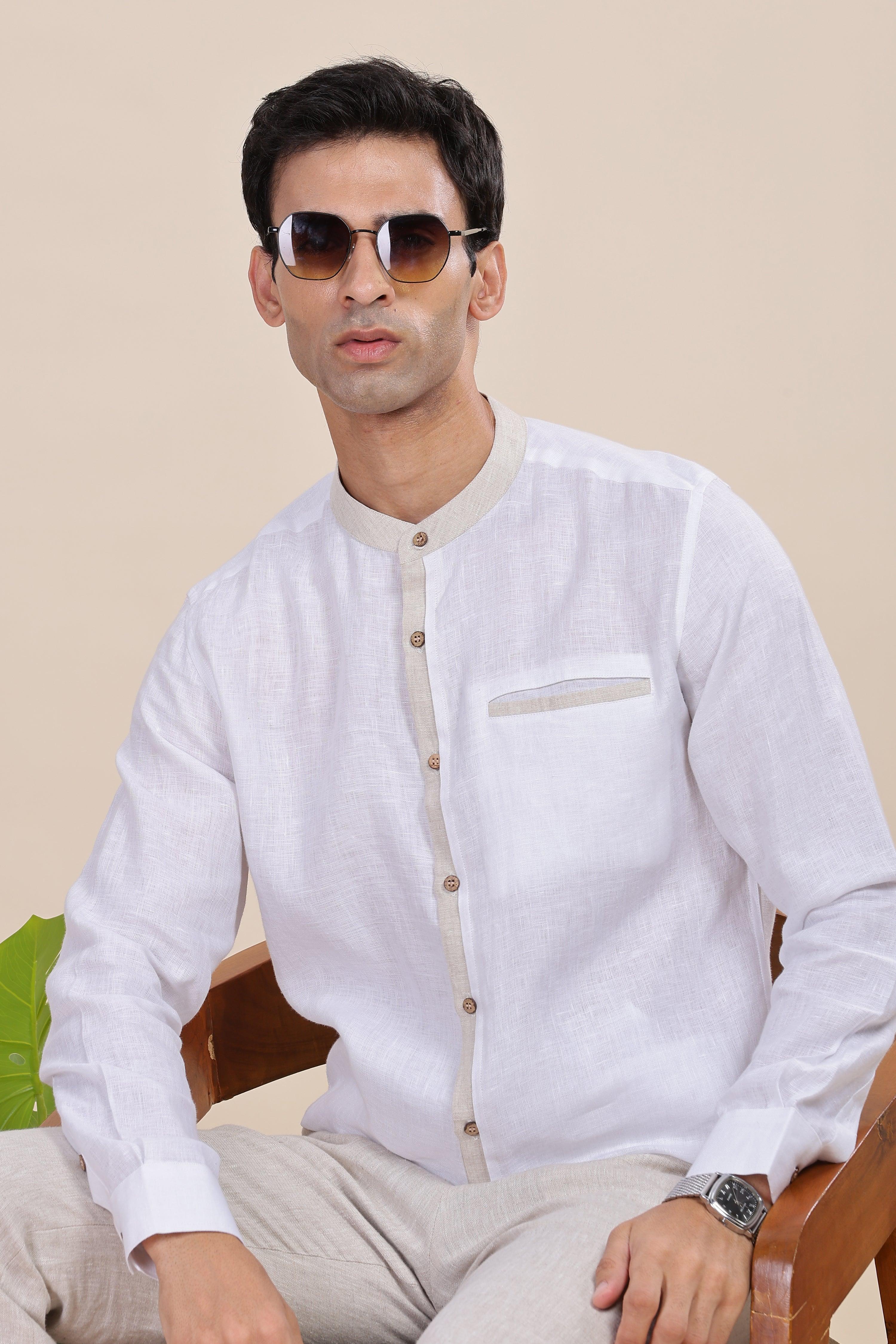 JULIEN - Elegance Redefined 100% Pure Linen White & Natural Shirt